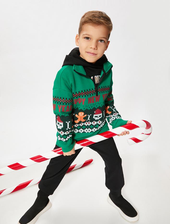 Erkek Çocuk Yılbaşı Temalı Sweatshirt Dik Yaka Yarım Fermuarlı Baskılı Şardonlu