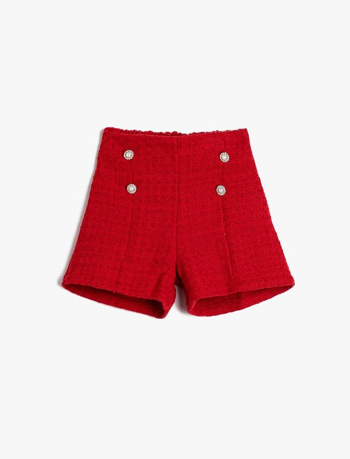 Kız Çocuk Tüvit Şort Düğme Detaylı Beli Lastikli