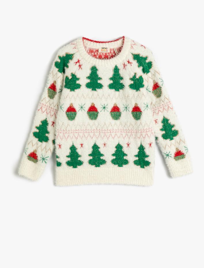 Kız Çocuk Yılbaşı Kazağı Desenli Bisiklet Yaka Uzun Kollu