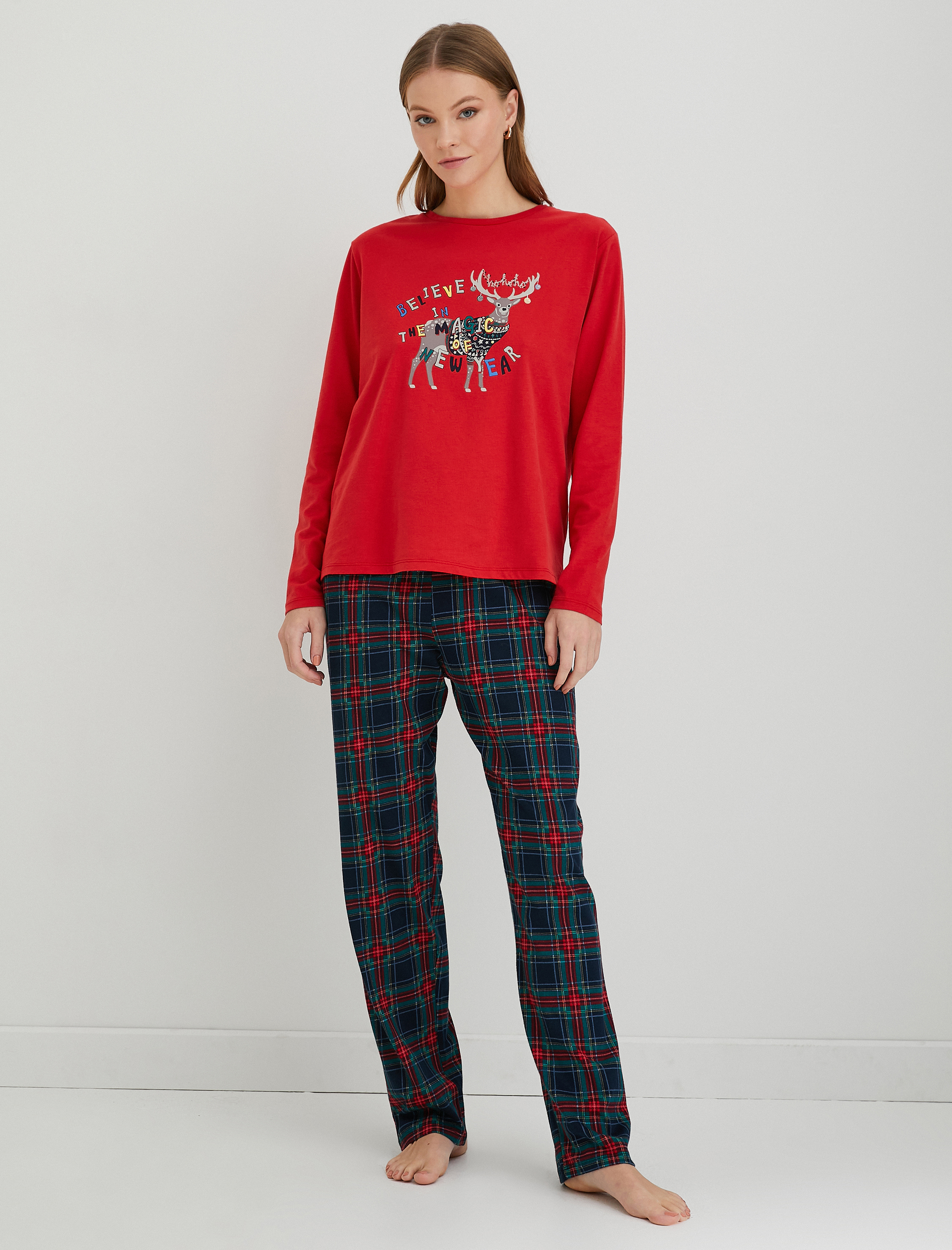   Yılbaşı Temalı Pijama Takımı Baskılı Uzun Kollu