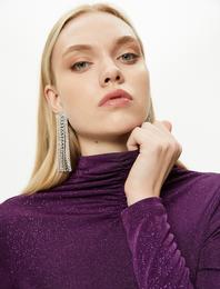Uzun Kollu Bluz Simli Dik Yaka Drapeli Slim Fit - El Emeği Koleksiyonu