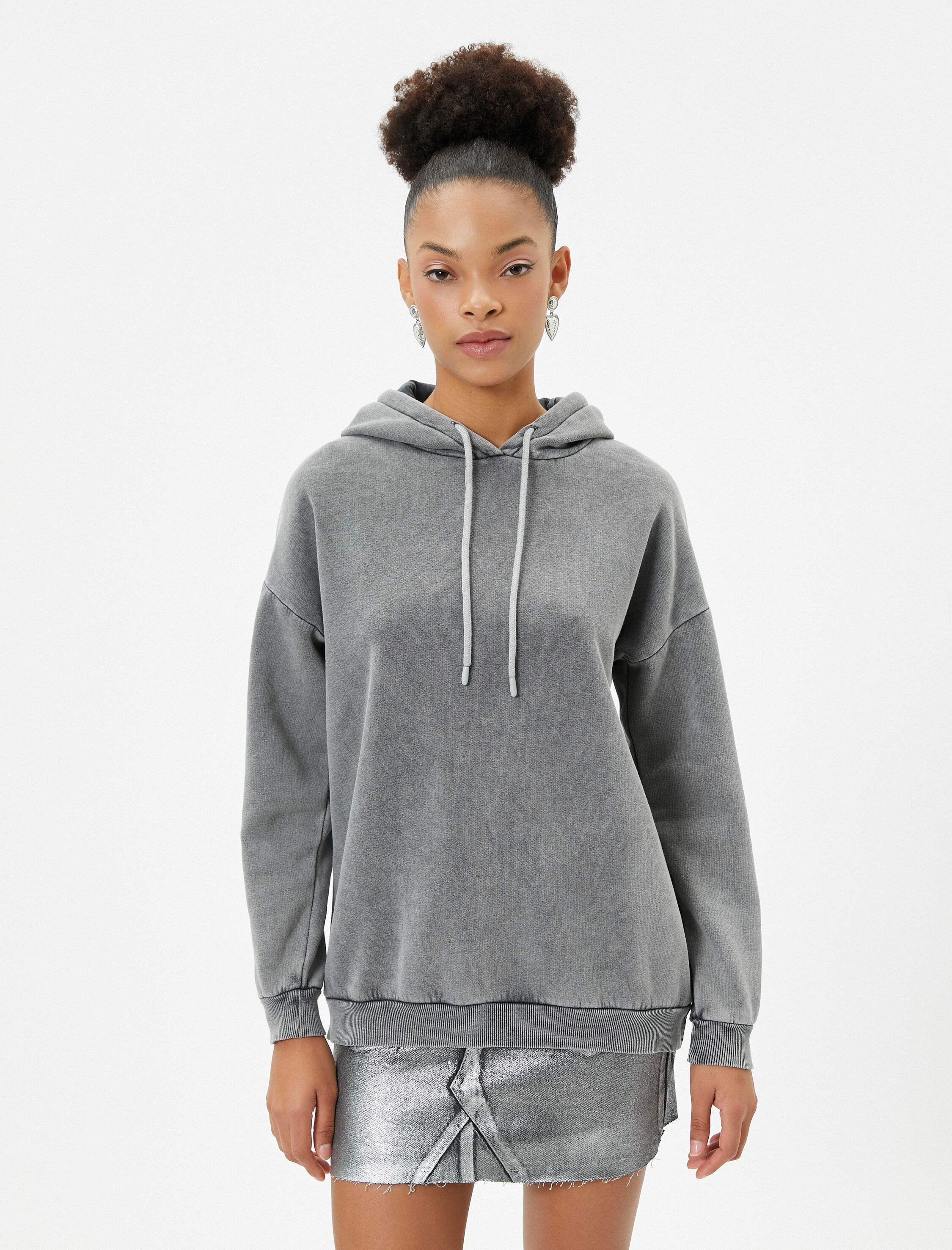   Oversize Kapşonlu Sweatshirt Soluk Efektli Uzun Kollu Şardonlu