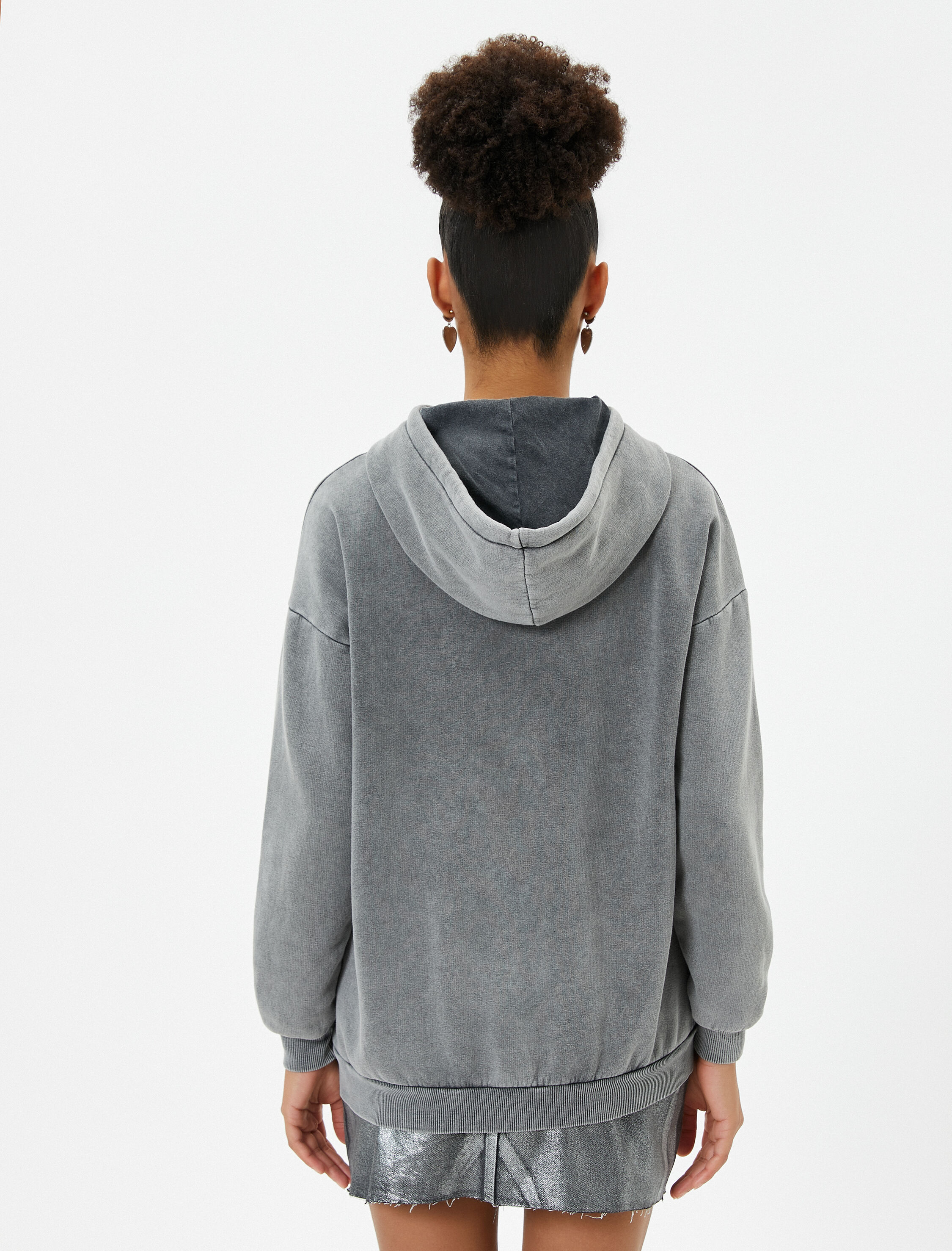   Oversize Kapşonlu Sweatshirt Soluk Efektli Uzun Kollu Şardonlu