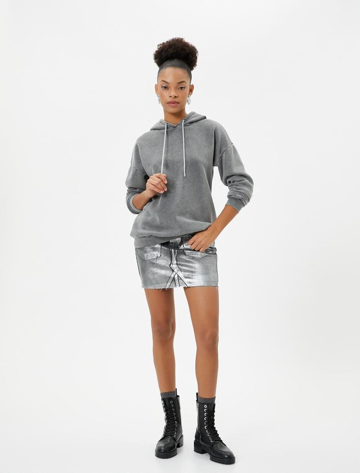  Oversize Kapşonlu Sweatshirt Soluk Efektli Uzun Kollu Şardonlu