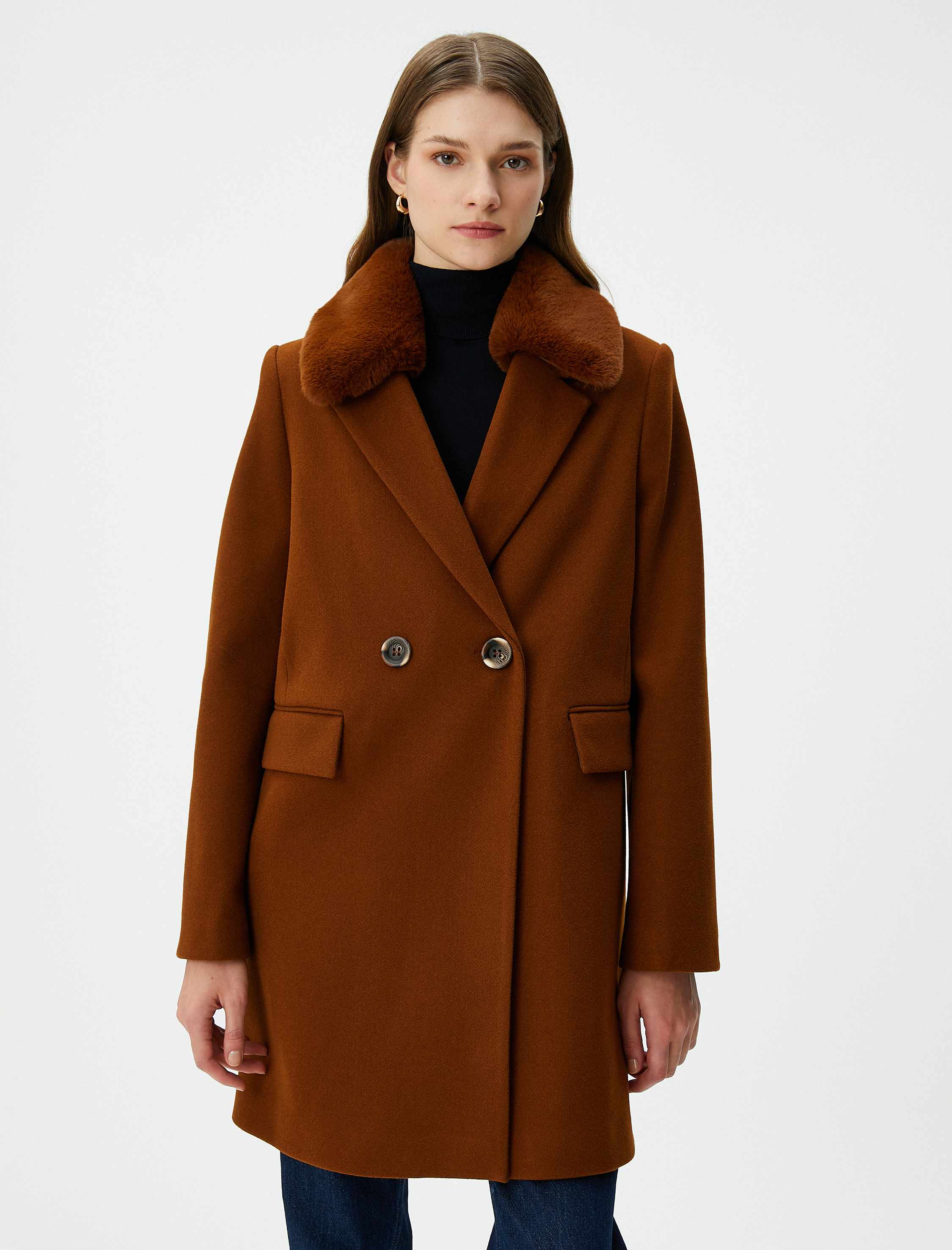   Oversize Mont Kruvaze Düğmeli Cepli Çıkarılabilir Suni Kürklü