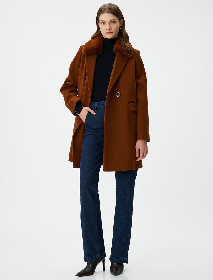  Oversize Mont Kruvaze Düğmeli Cepli Çıkarılabilir Suni Kürklü