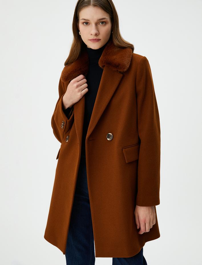  Oversize Mont Kruvaze Düğmeli Cepli Çıkarılabilir Suni Kürklü