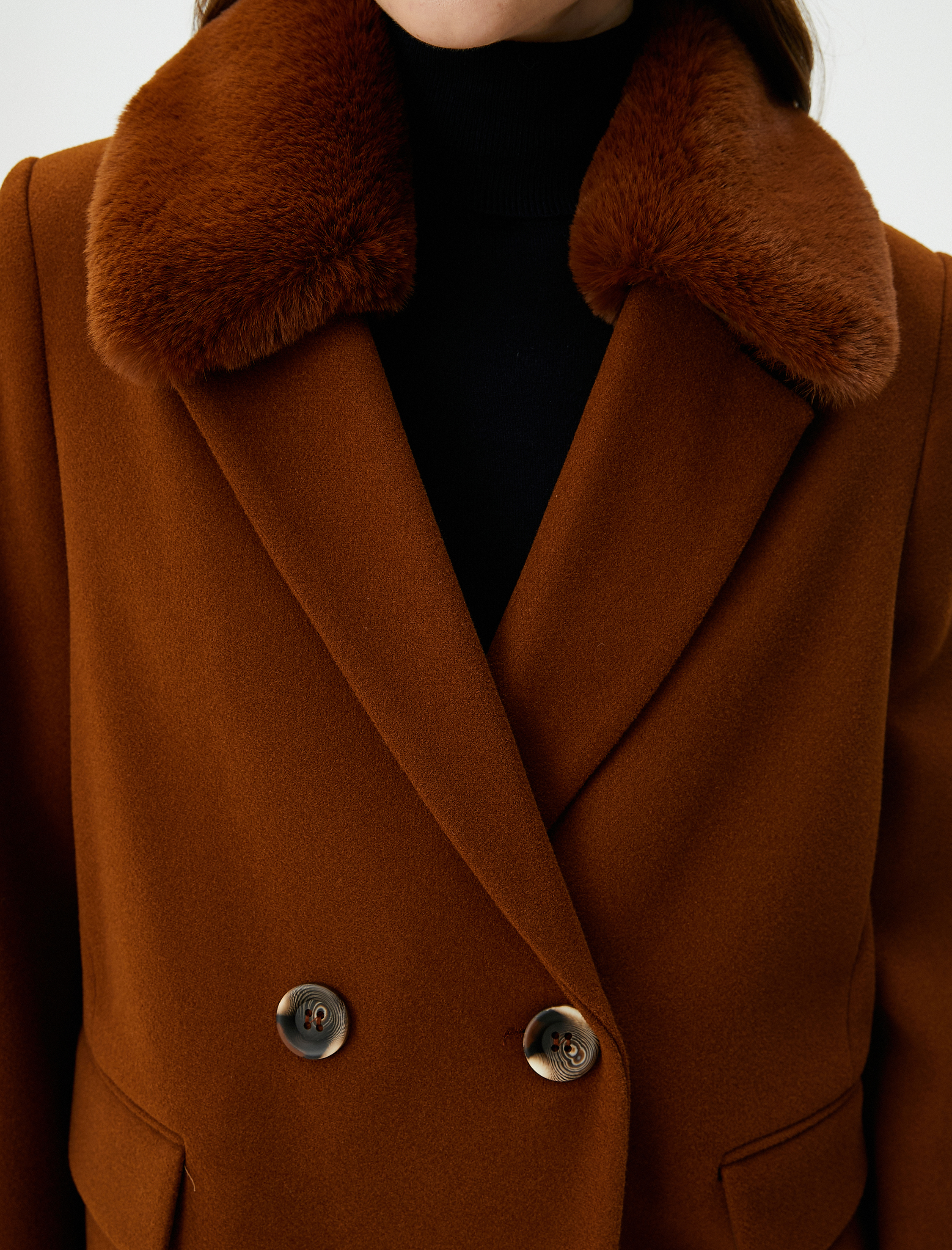   Oversize Mont Kruvaze Düğmeli Cepli Çıkarılabilir Suni Kürklü