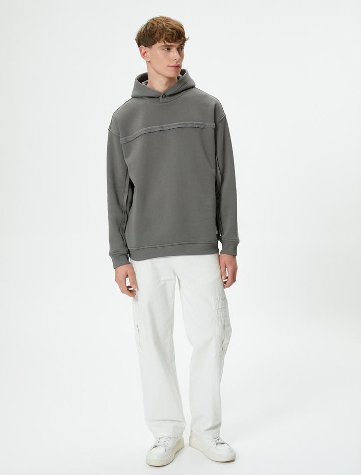  Oversize Kapşonlu Sweatshirt Dikiş Detaylı Uzun Kollu Şardonlu