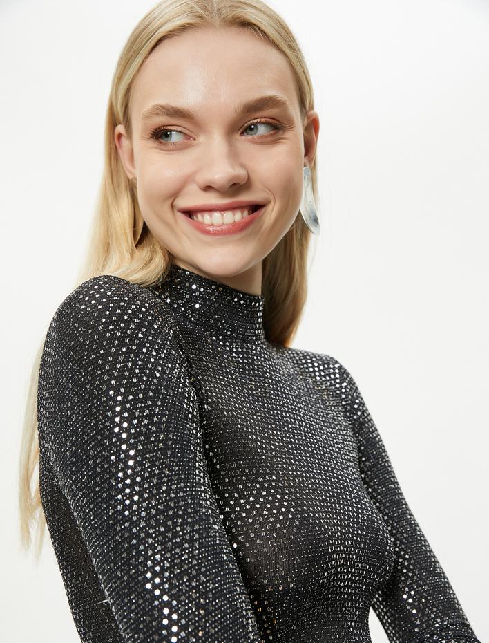  Pul Payetli Elbise Mini Drapeli Dik Yaka - El Emeği Koleksiyonu