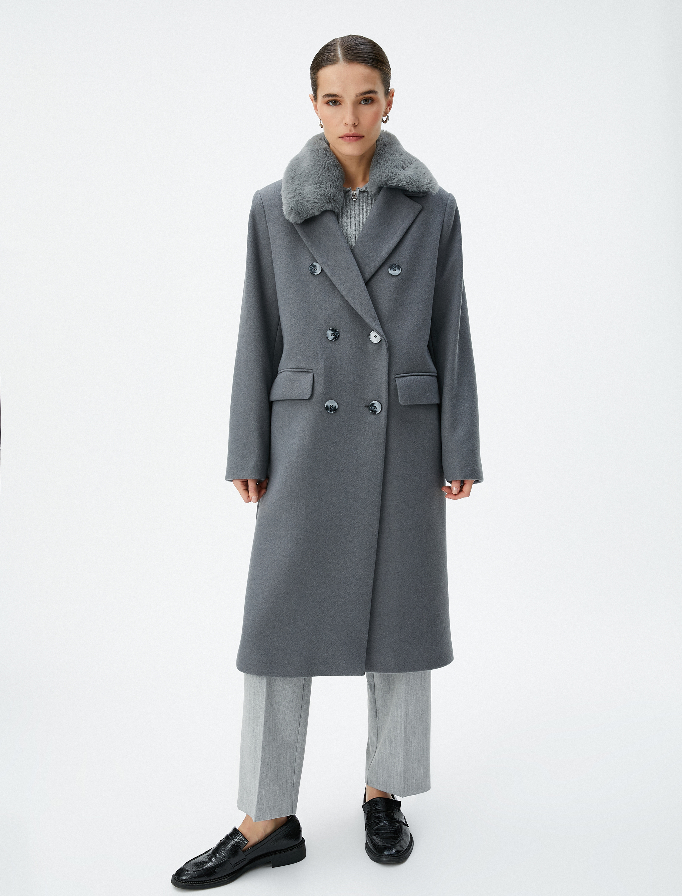   Uzun Kaşe Kaban Çıkarılabilir Suni Kürklü Kruvaze Düğmeli