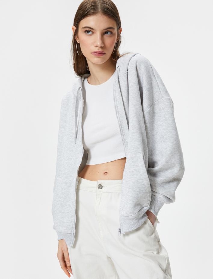  Şardonlu Basic Oversize Fermuarlı Sweatshirt Kapüşonlu Uzun Kanguru Cepli