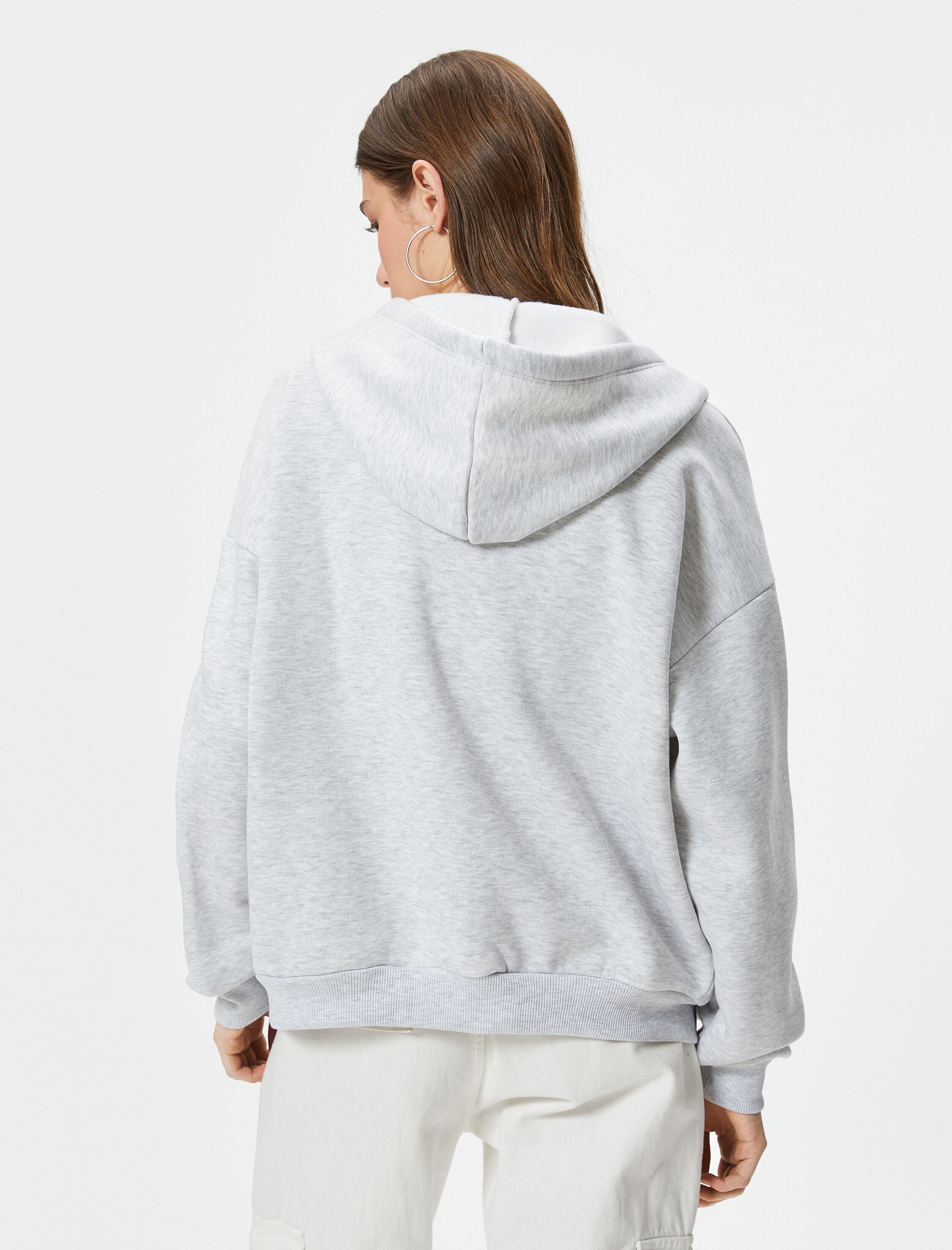   Şardonlu Basic Oversize Fermuarlı Sweatshirt Kapüşonlu Uzun Kanguru Cepli