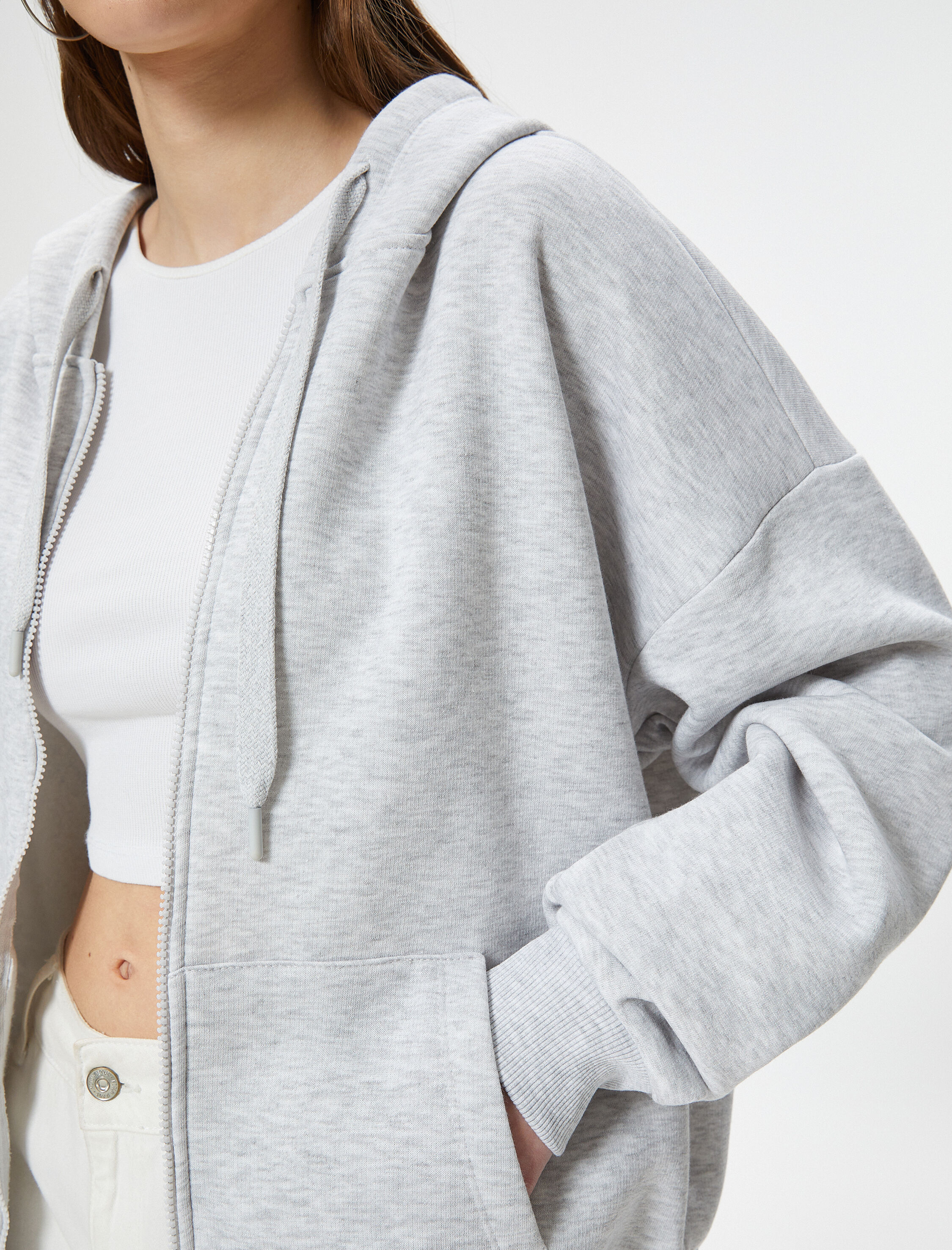   Şardonlu Basic Oversize Fermuarlı Sweatshirt Kapüşonlu Uzun Kanguru Cepli