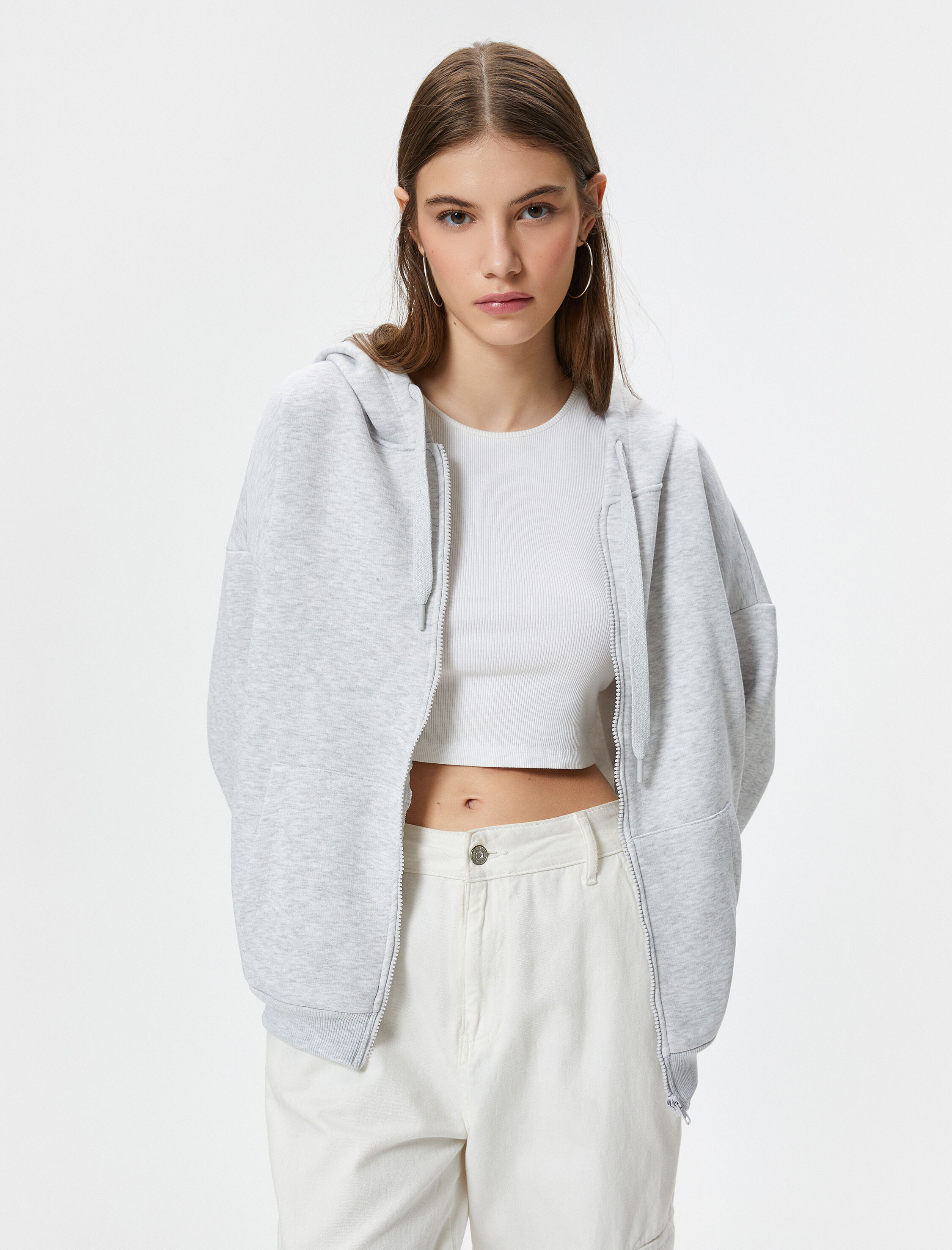   Şardonlu Basic Oversize Fermuarlı Sweatshirt Kapüşonlu Uzun Kanguru Cepli