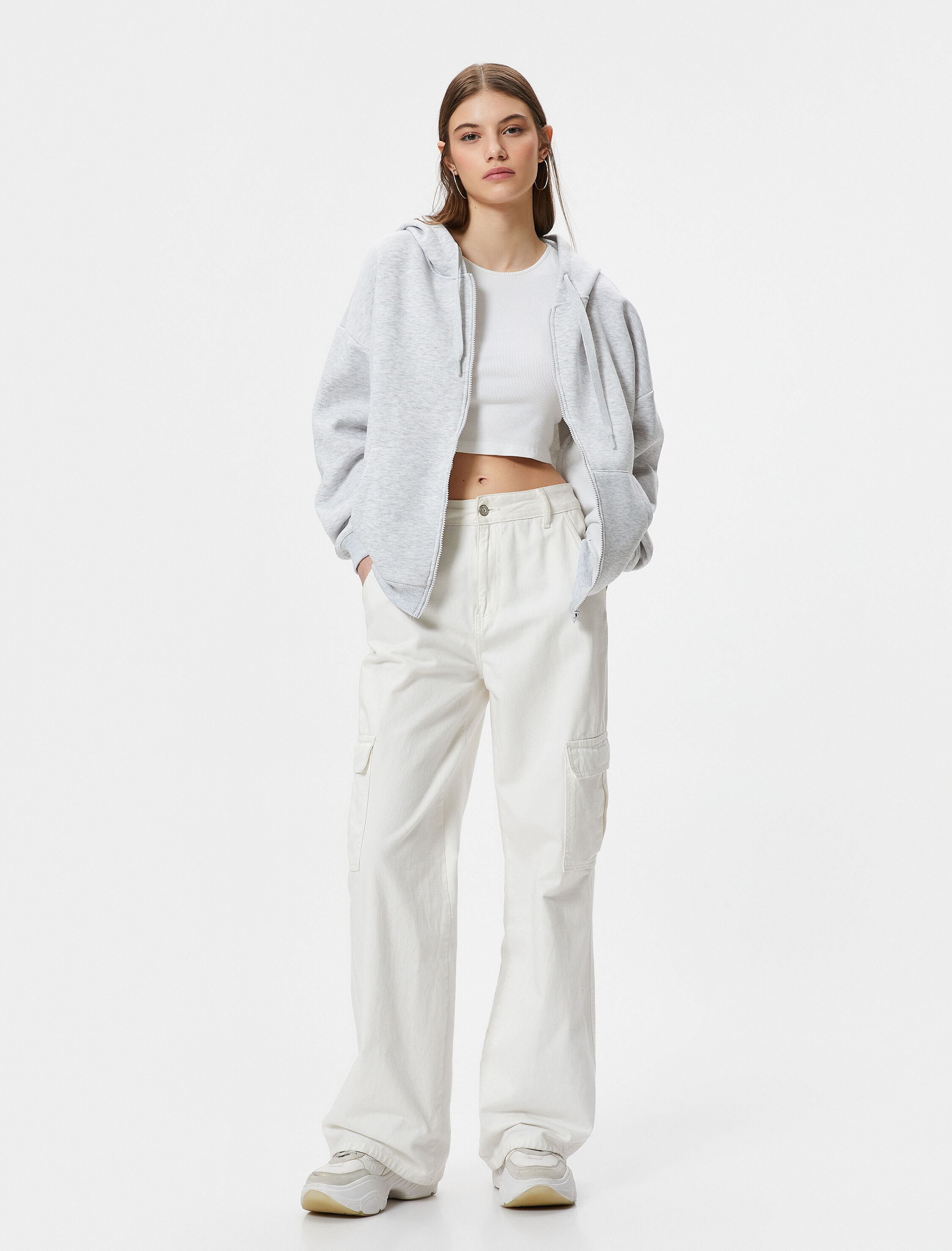   Şardonlu Basic Oversize Fermuarlı Sweatshirt Kapüşonlu Uzun Kanguru Cepli