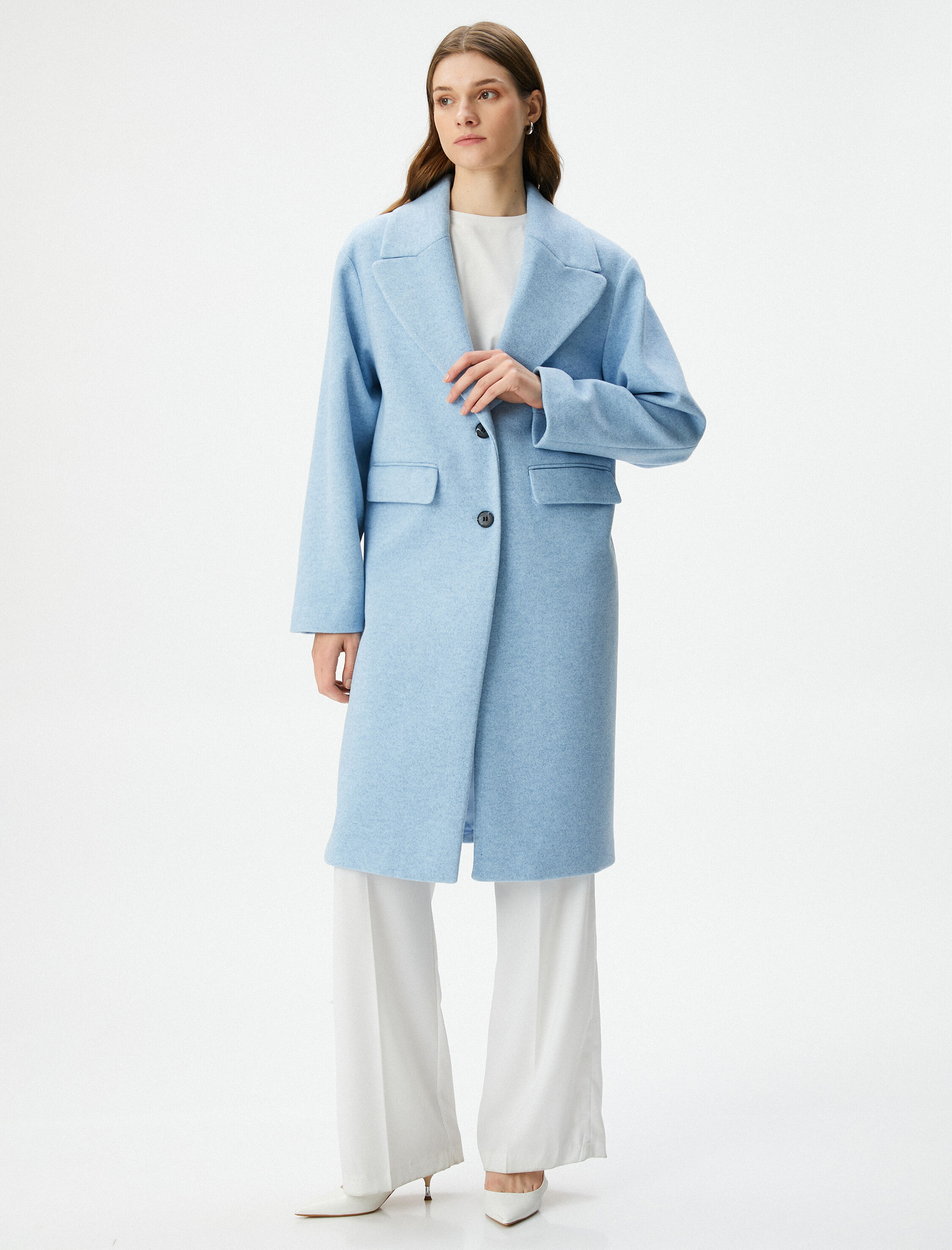   Kaşe Uzun Kaban Düğmeli Kapaklı Cepli