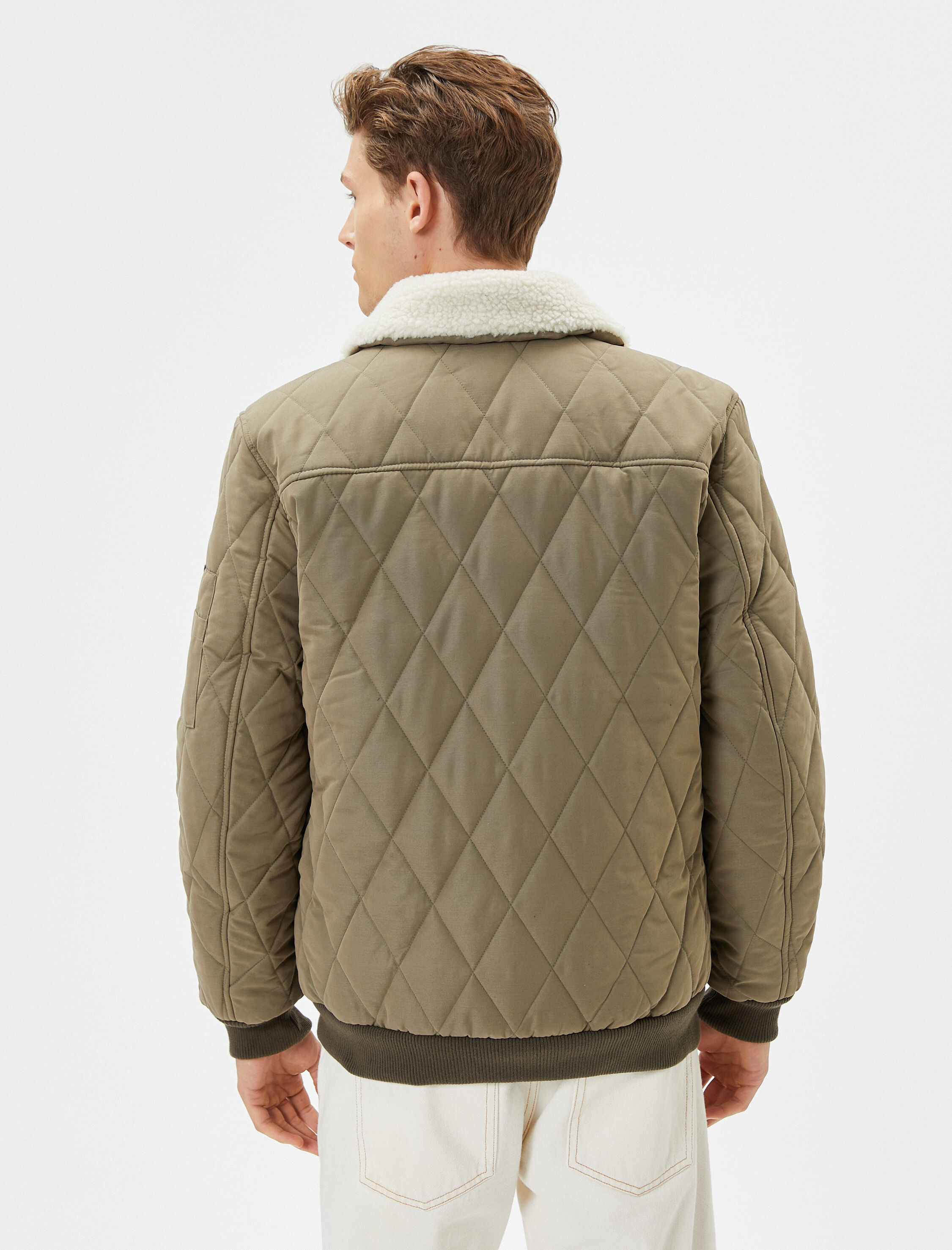   Kapitone Ceket Peluş Yaka Detaylı Cepli Fermuarlı