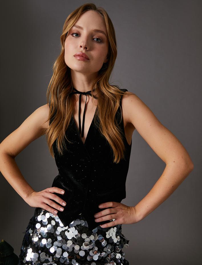  Kadife Yelek Işıltılı Düğmeli Fleto Cepli Slim Fit - El Emeği Koleksiyonu