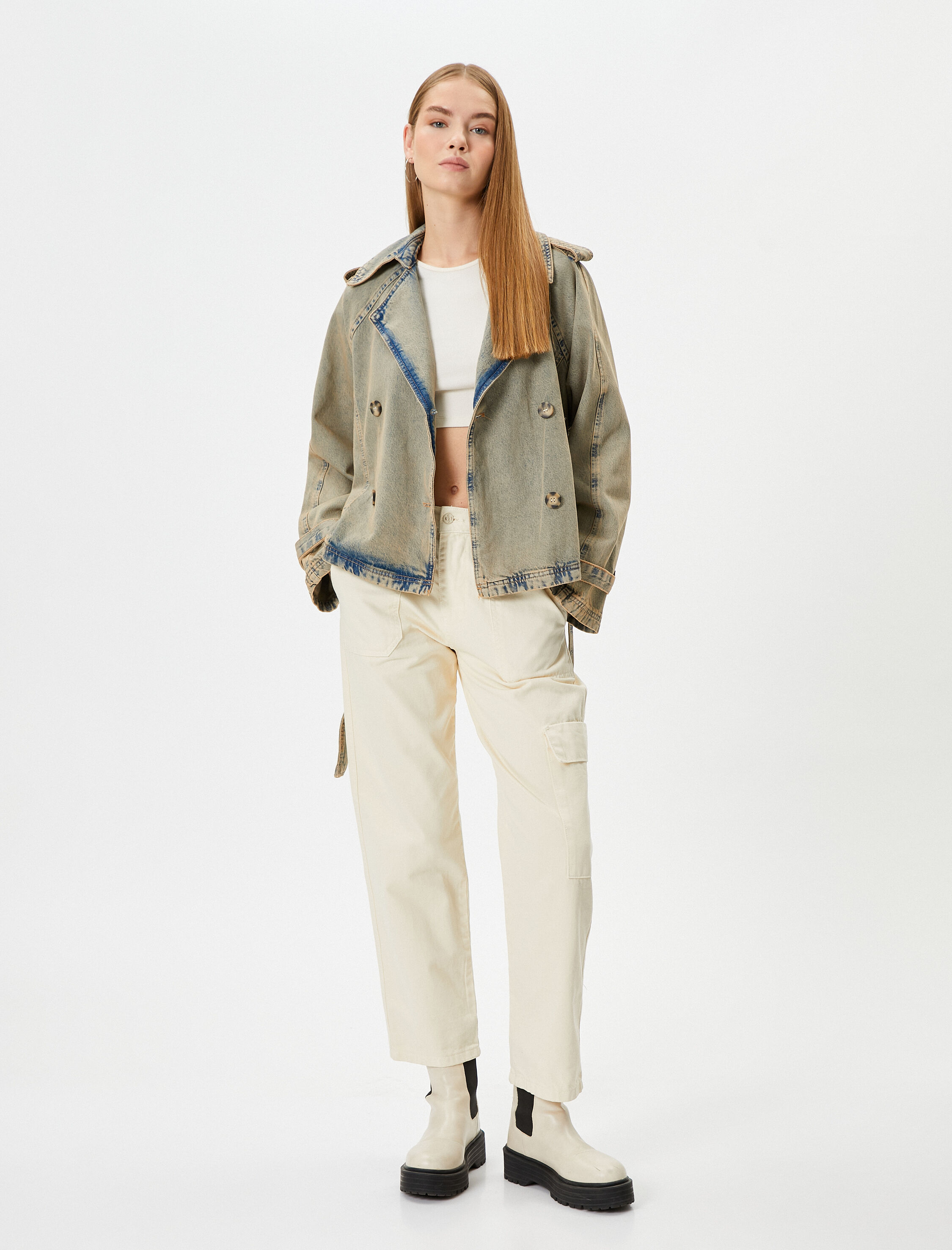   Kot Kısa Trençkot Kemer Detaylı Kruvaze Düğme Kapamalı Cepli Pamuklu