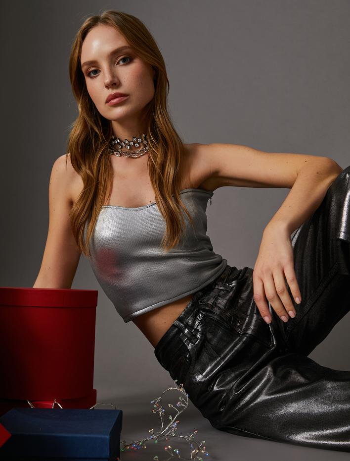  Crop Straplez Üst Metalik - El Emeği Koleksiyonu