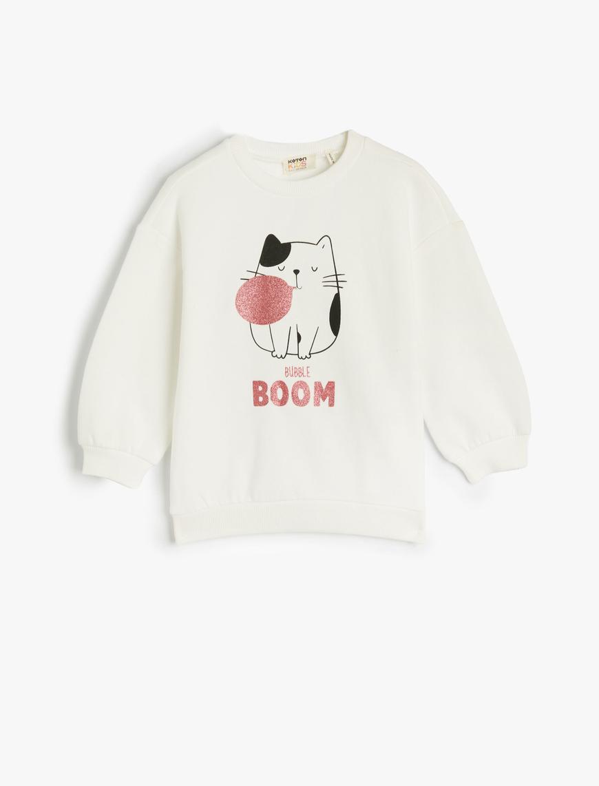  Kız Çocuk Sweatshirt Kedi Baskılı Uzun Kollu Bisiklet Yaka