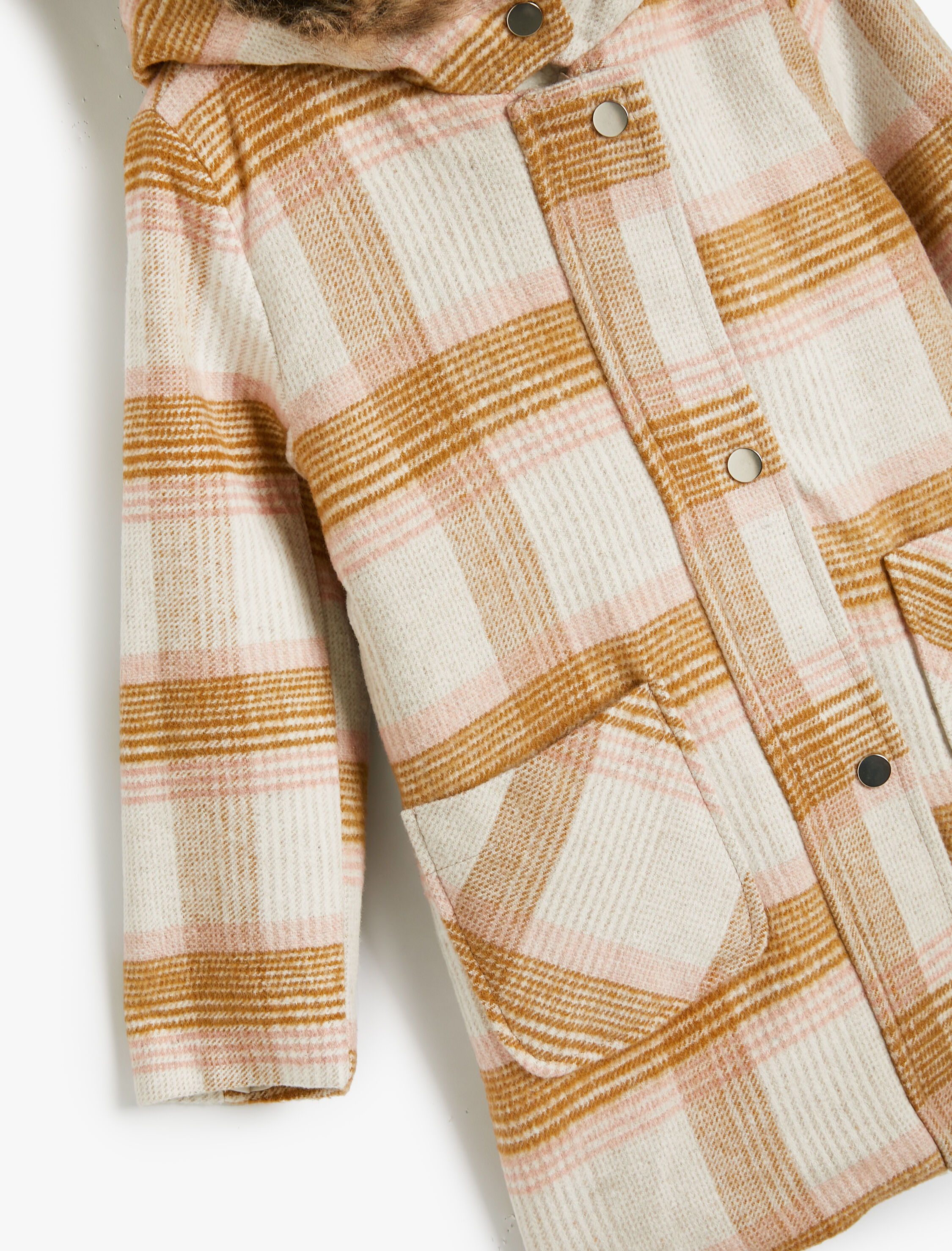  Kız Çocuk Oversize Kaban Kapşonlu Suni Kürk Detaylı Çıtçıt Kapaklı Cepli