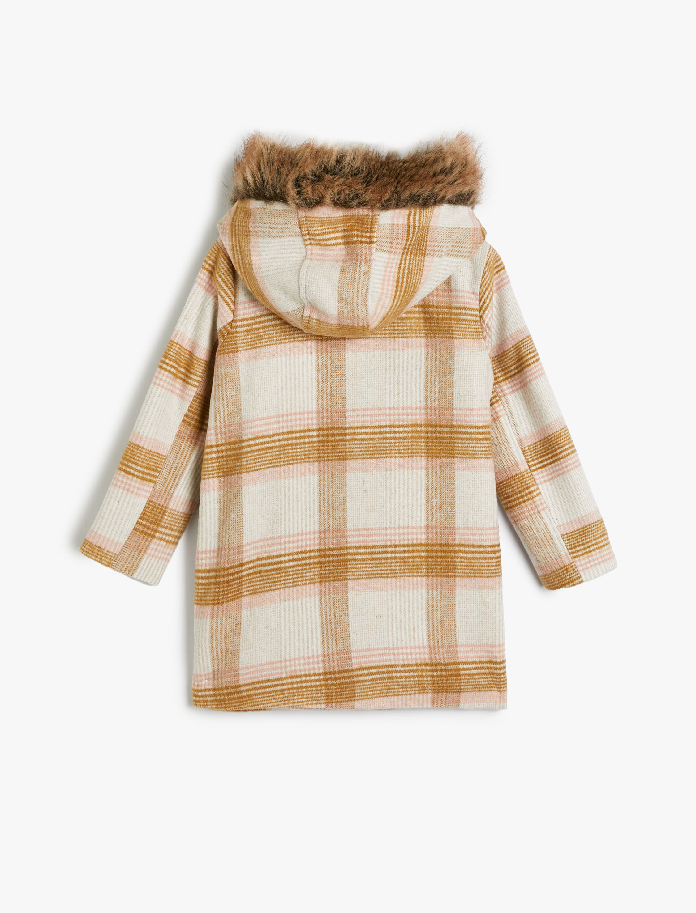  Kız Çocuk Oversize Kaban Kapşonlu Suni Kürk Detaylı Çıtçıt Kapaklı Cepli