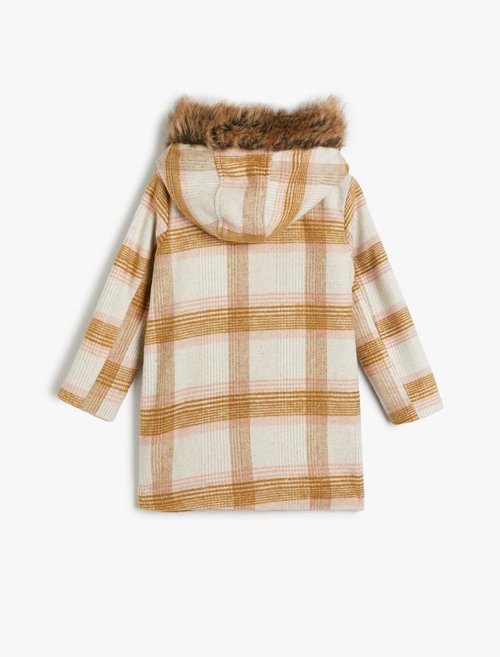 Kız Çocuk Oversize Kaban Kapşonlu Suni Kürk Detaylı Çıtçıt Kapaklı Cepli