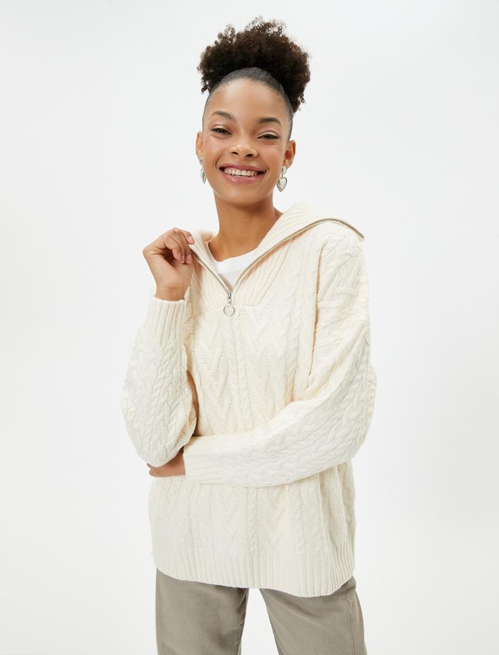  Tunik Triko Kazak Yarım Fermuarlı Balıkçı Yaka Saç Örgü Dokulu Uzun Kollu