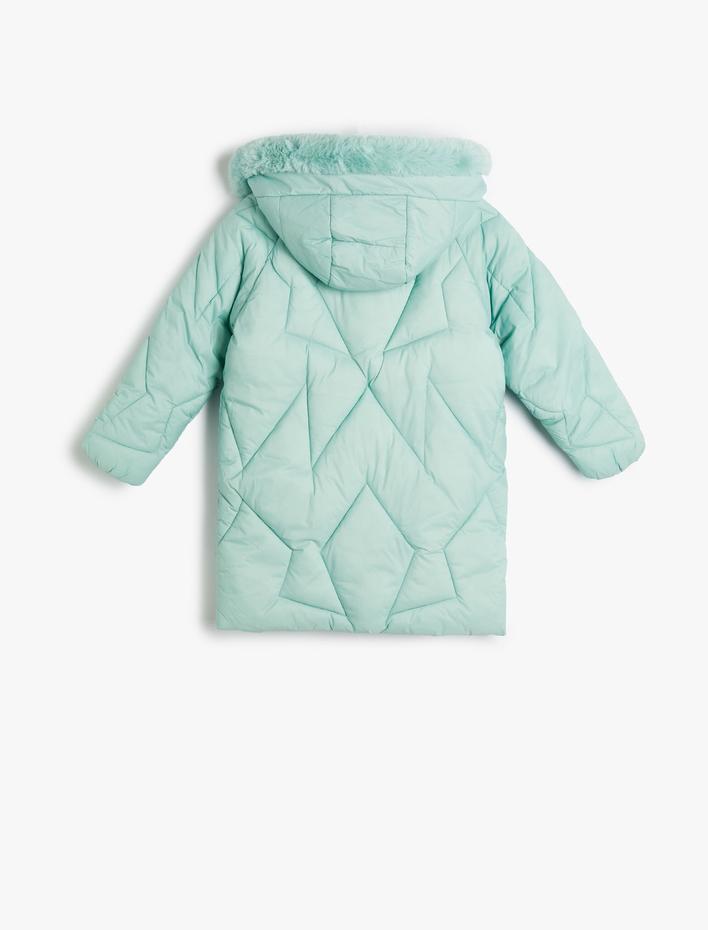 Kız Çocuk Oversize Şişme Mont Suni Kürk Detaylı Kapşonlu Kapaklı Cepli