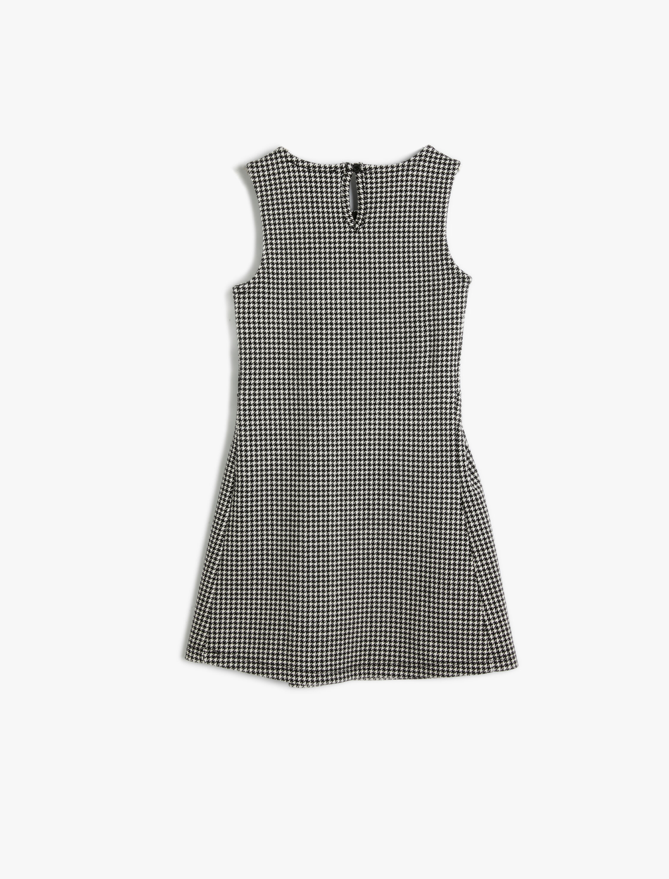  Kız Çocuk Elbise Kazayağı Desenli Toka Detaylı Kolsuz Yuvarlak Yaka