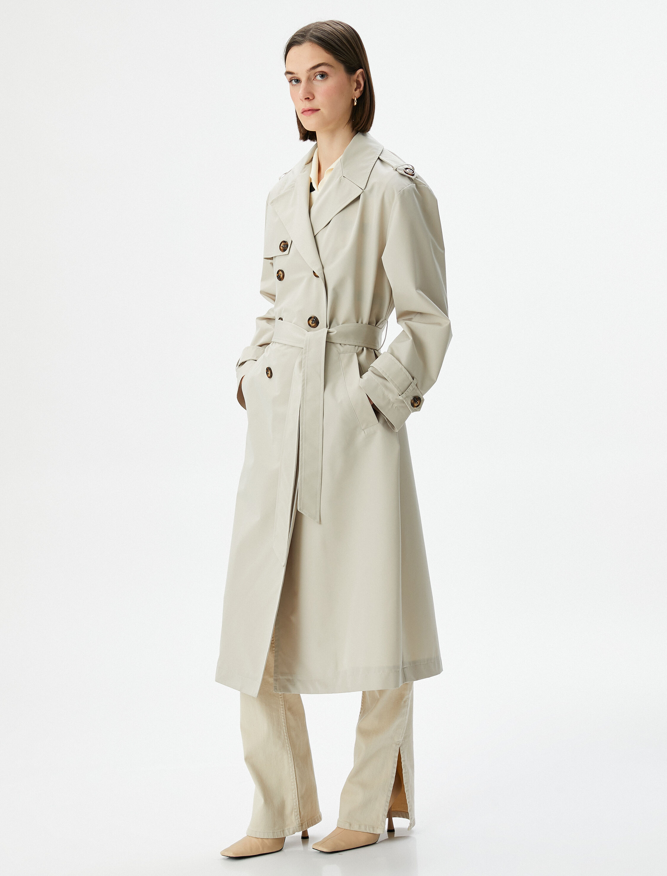 Trençkot Midi Boy Kruvaze Yaka Düğmeli Cepli Kuşaklı