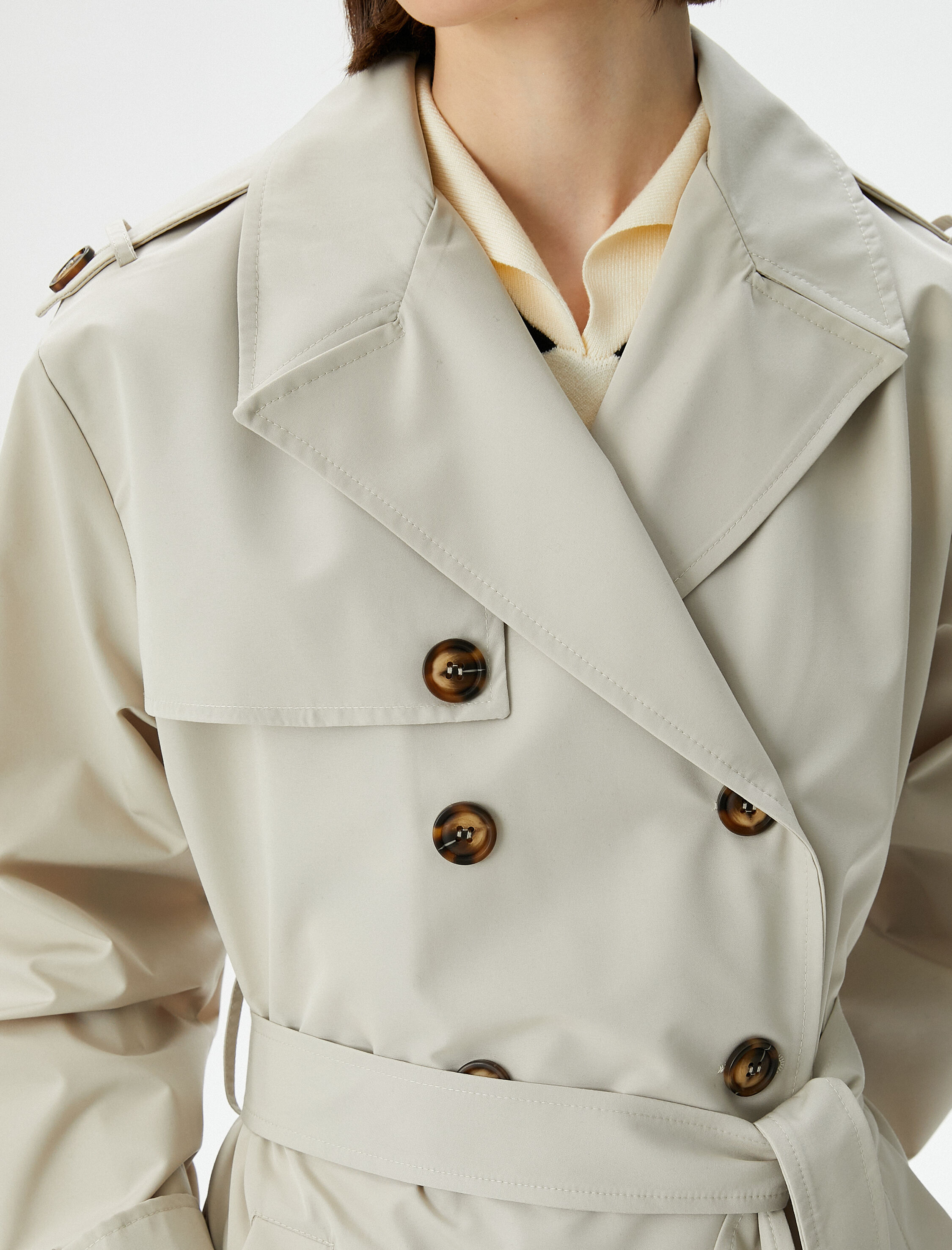 Trençkot Midi Boy Kruvaze Yaka Düğmeli Cepli Kuşaklı