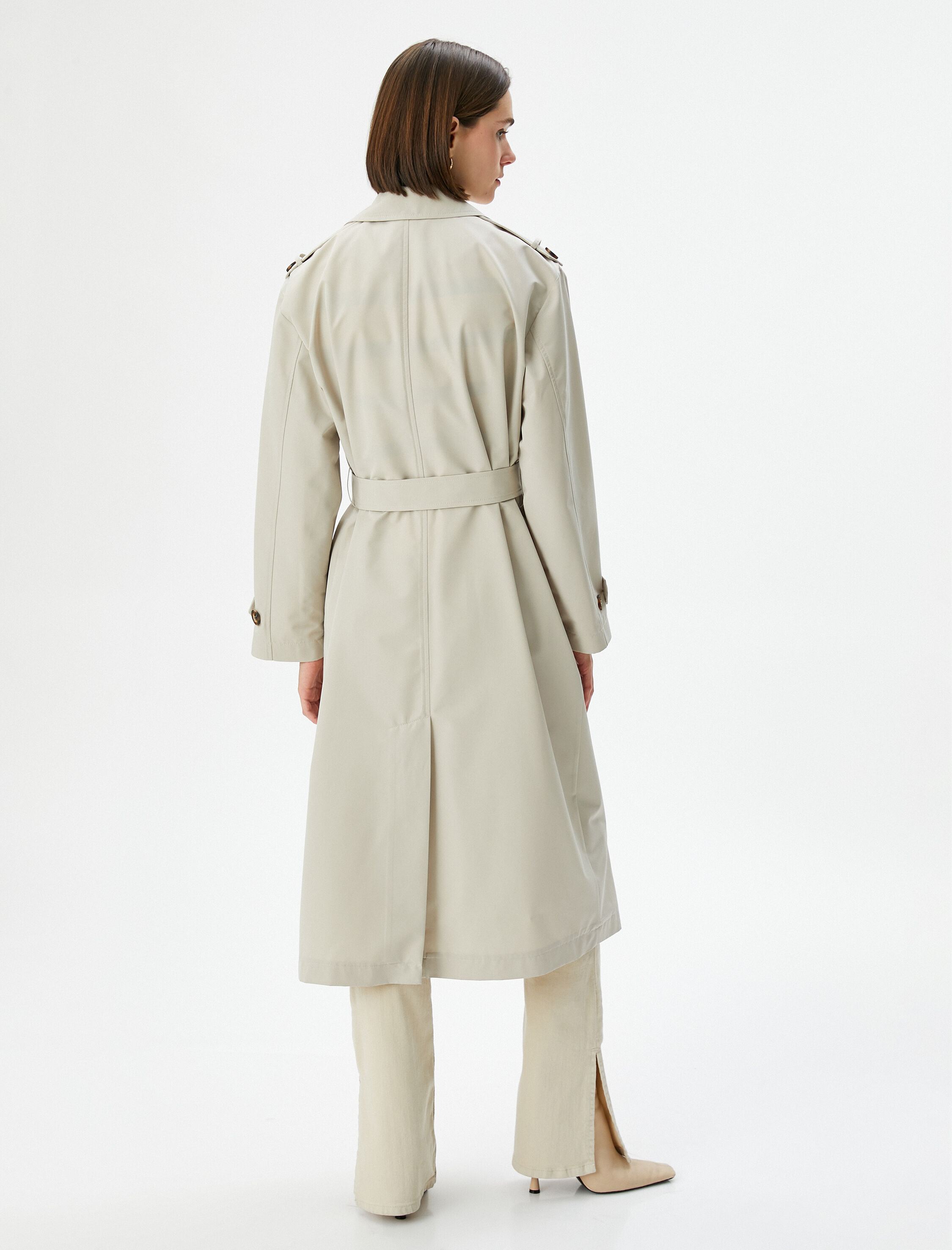 Trençkot Midi Boy Kruvaze Yaka Düğmeli Cepli Kuşaklı