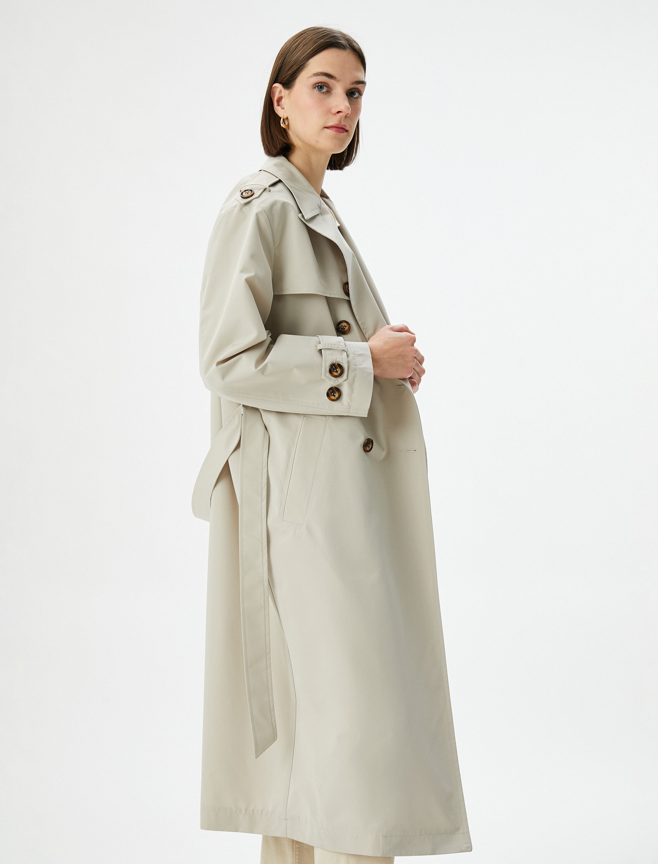 Trençkot Midi Boy Kruvaze Yaka Düğmeli Cepli Kuşaklı