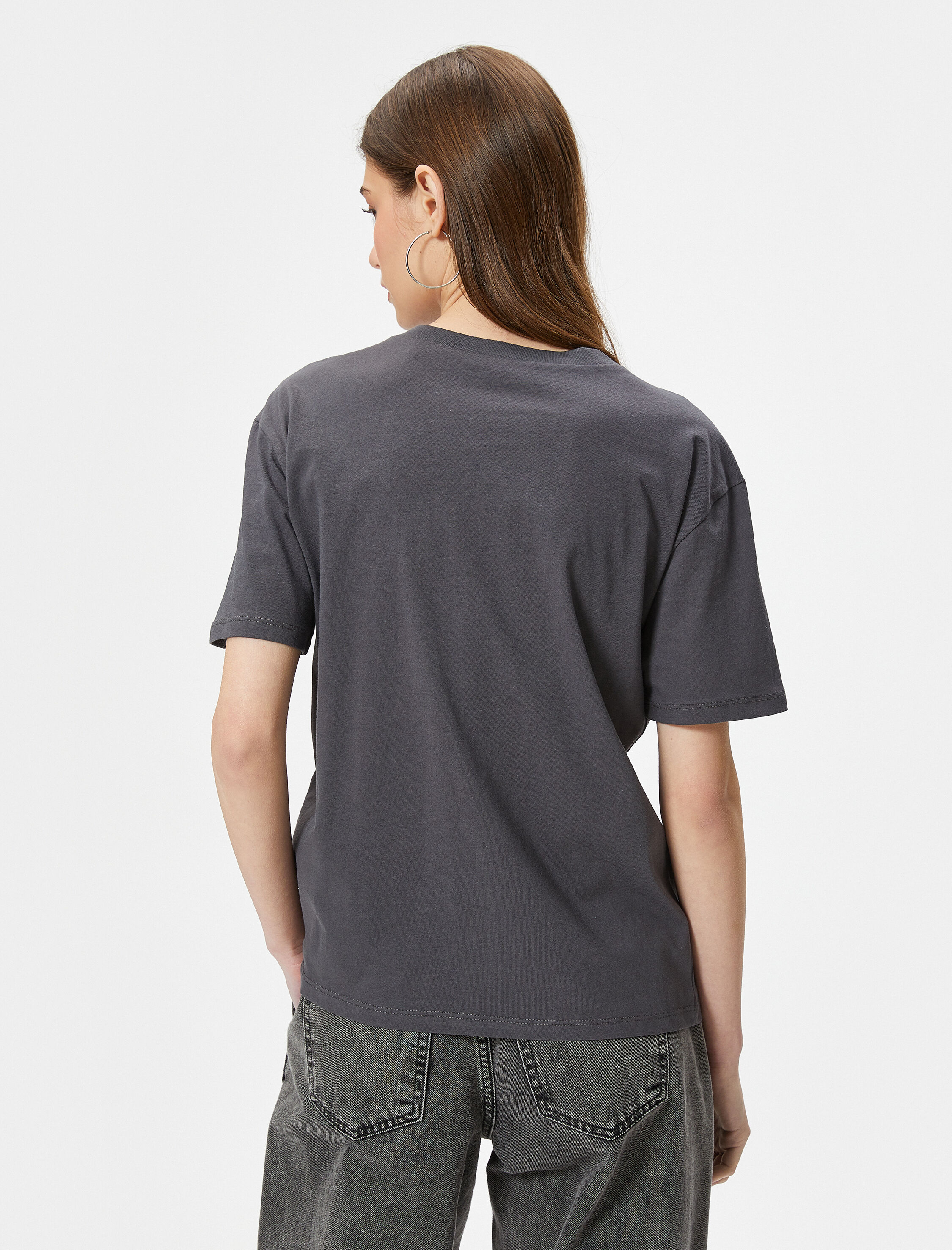   Baskılı Tişört Rahat Kalıp Kısa Kollu Bisiklet Yaka Pamuklu Soluk Efektli