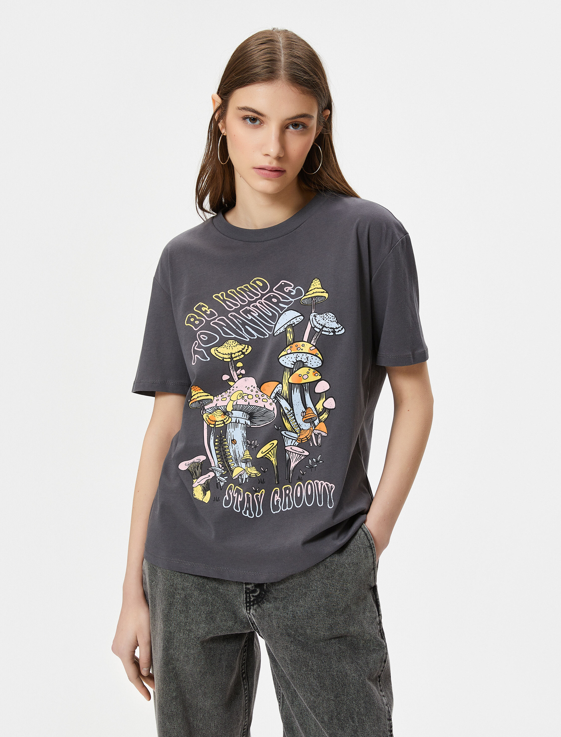   Baskılı Tişört Rahat Kalıp Kısa Kollu Bisiklet Yaka Pamuklu Soluk Efektli