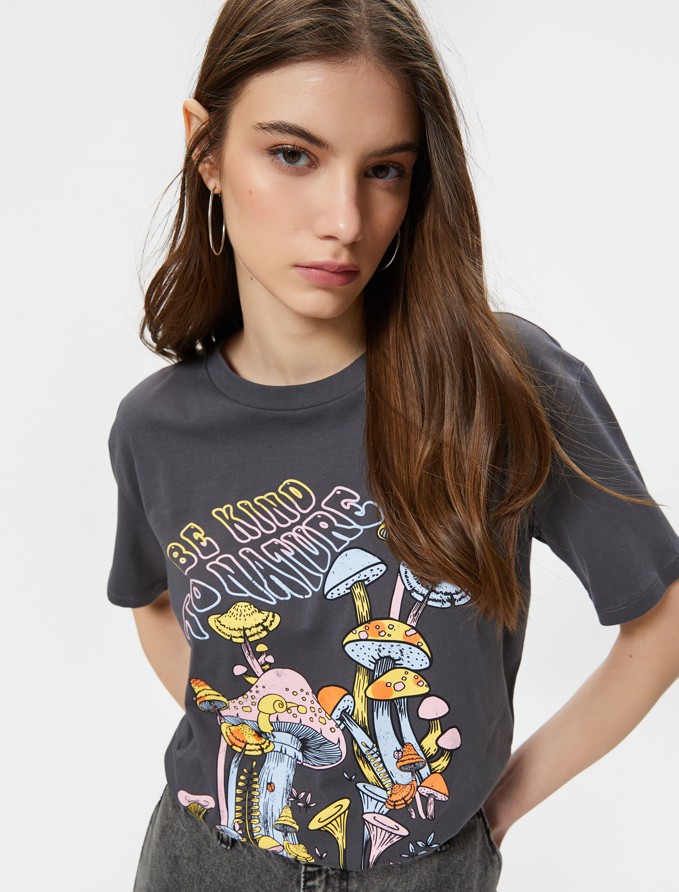   Baskılı Tişört Rahat Kalıp Kısa Kollu Bisiklet Yaka Pamuklu Soluk Efektli