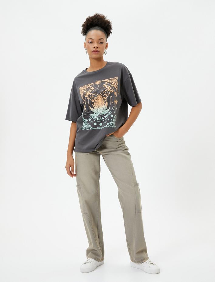  Baskılı Tişört Rahat Kalıp Kısa Kollu Bisiklet Yaka Pamuklu Soluk Efektli