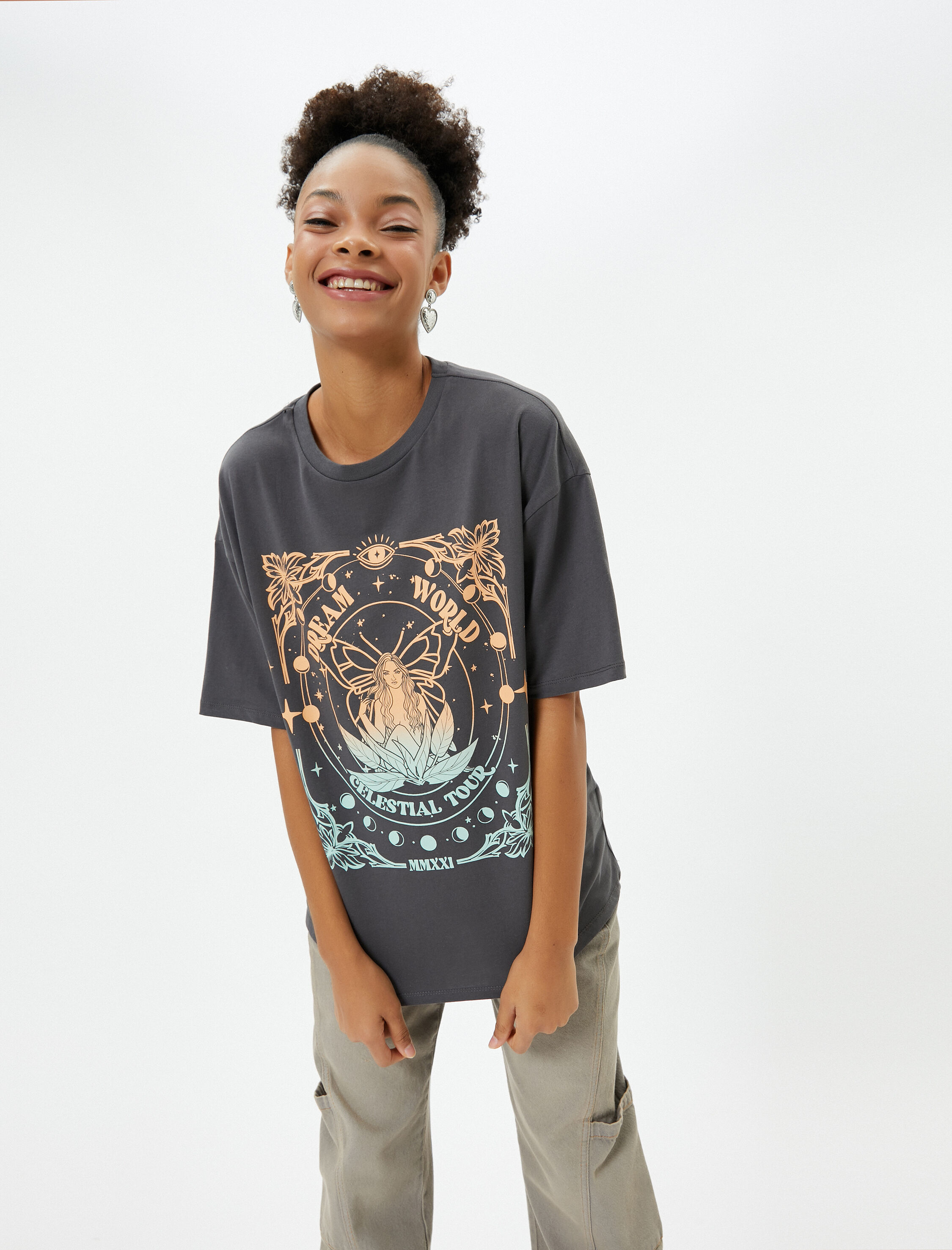   Baskılı Tişört Rahat Kalıp Kısa Kollu Bisiklet Yaka Pamuklu Soluk Efektli