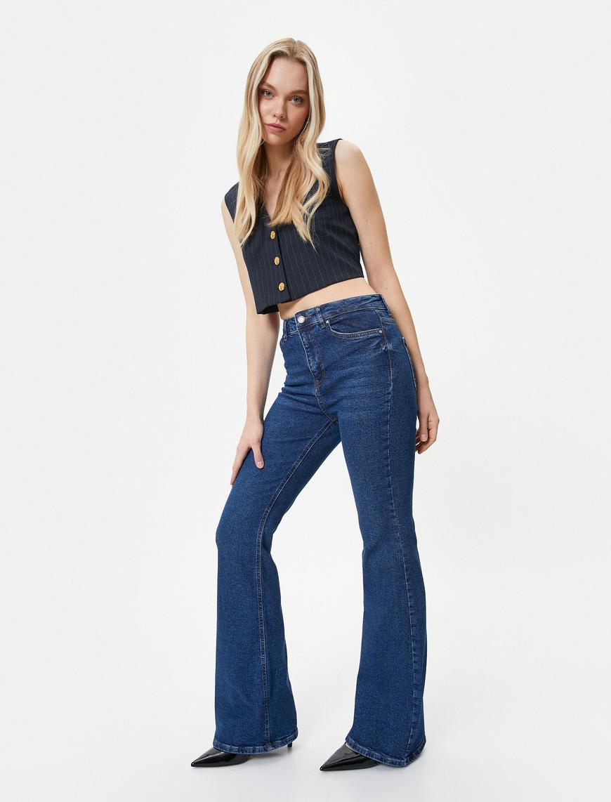   İspanyol Paça Kot Pantolon Dar Kesim Yüksek Bel Esnek Pamuklu Cepli - Victoria Slim Jean