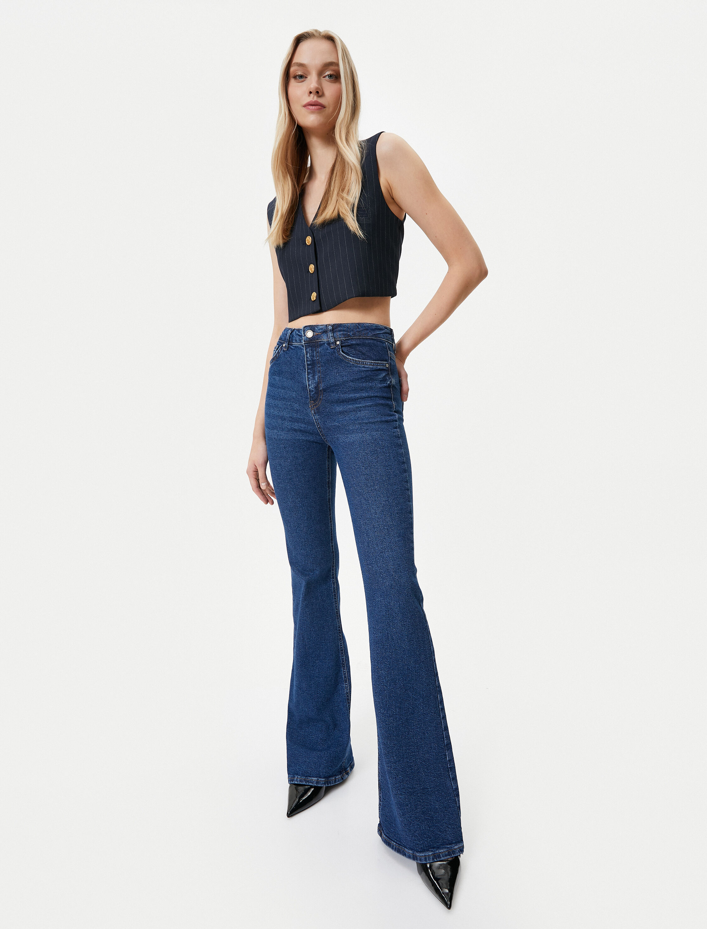 spanyol Paca Kot Pantolon Dar Kesim Yuksek Bel Esnek Pamuklu Cepli Flare Slim Jean