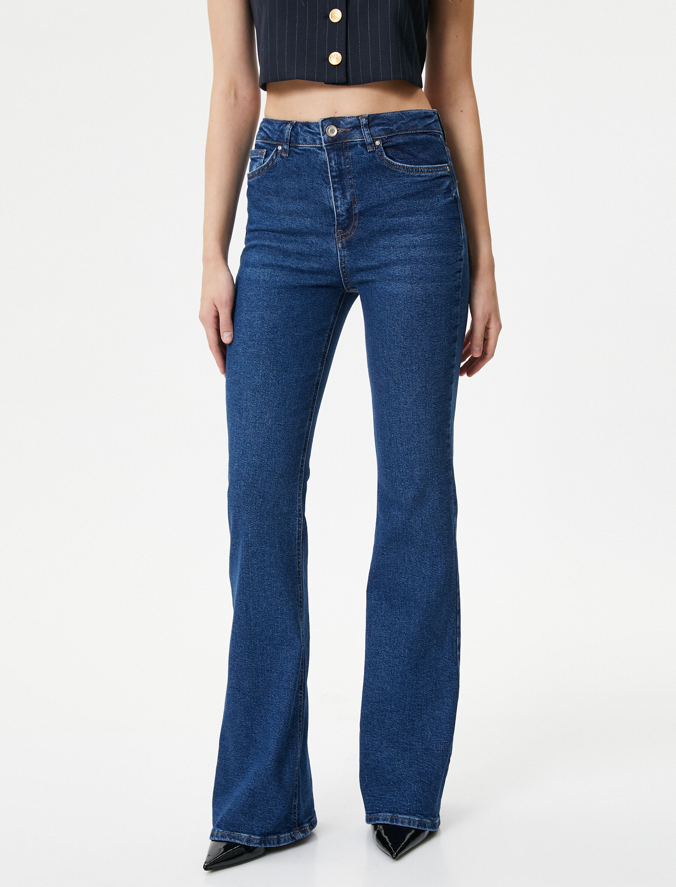   İspanyol Paça Kot Pantolon Dar Kesim Yüksek Bel Esnek Pamuklu Cepli - Flare Slim Jean