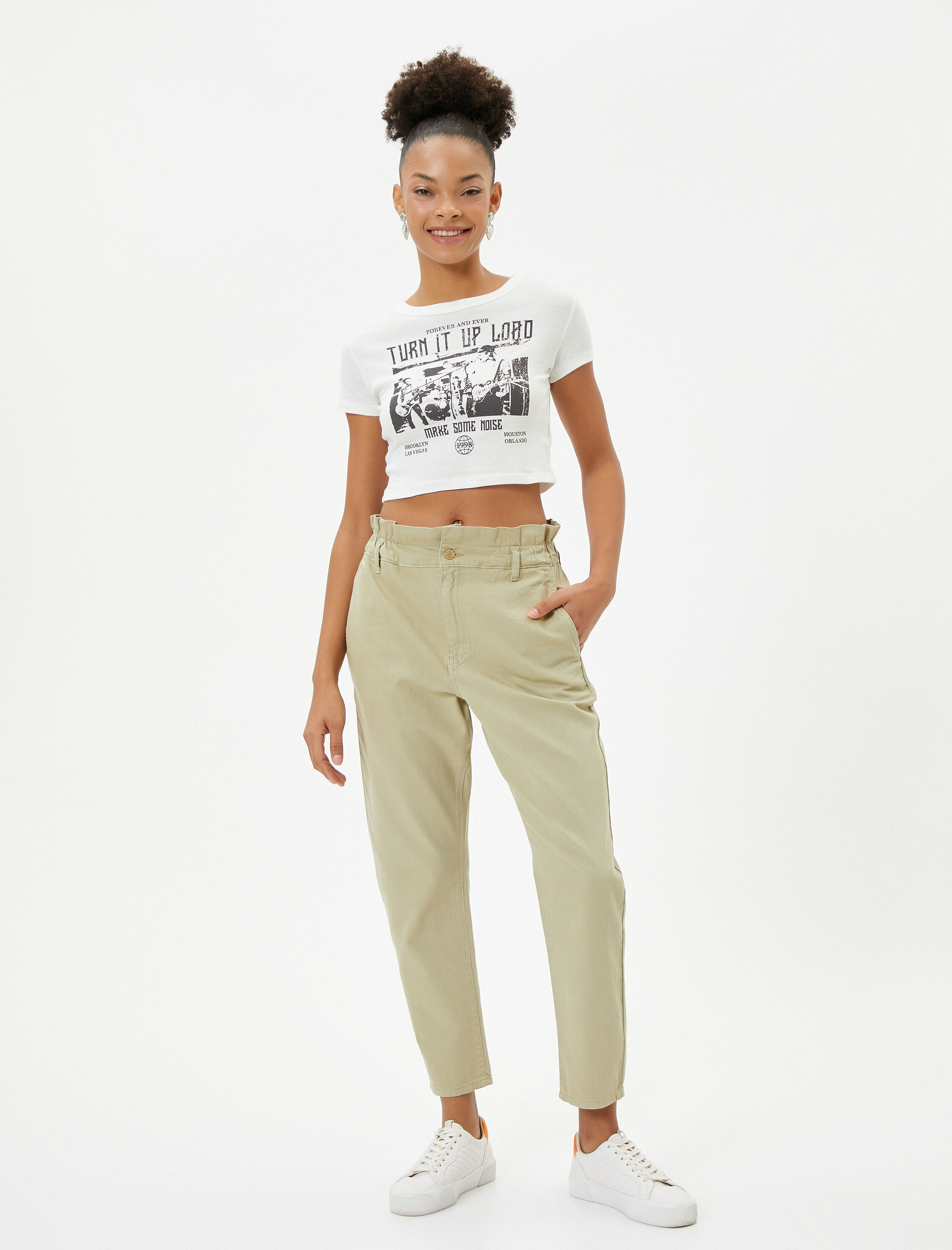   Beli Lastikli Kot Pantolon Yüksek Bel Rahat Kesim Crop Paça Pamuklu Cepli - Baggy Jean