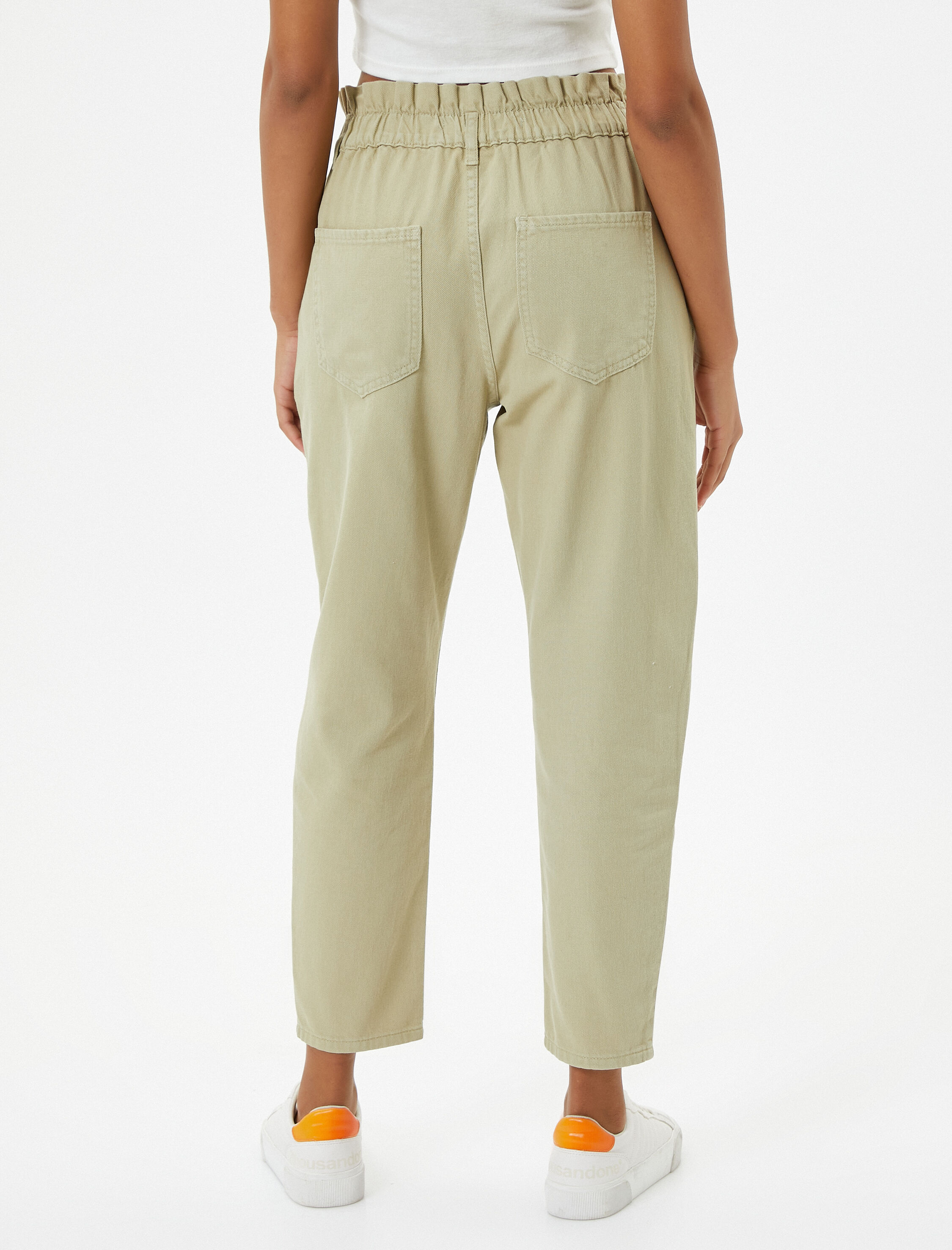   Beli Lastikli Kot Pantolon Yüksek Bel Rahat Kesim Crop Paça Pamuklu Cepli - Baggy Jean