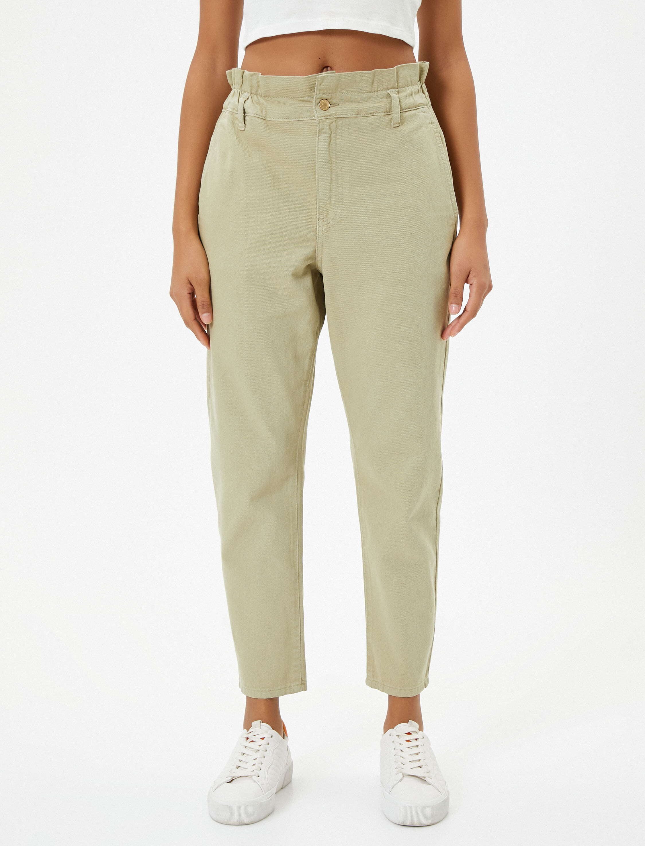   Beli Lastikli Kot Pantolon Yüksek Bel Rahat Kesim Crop Paça Pamuklu Cepli - Baggy Jean