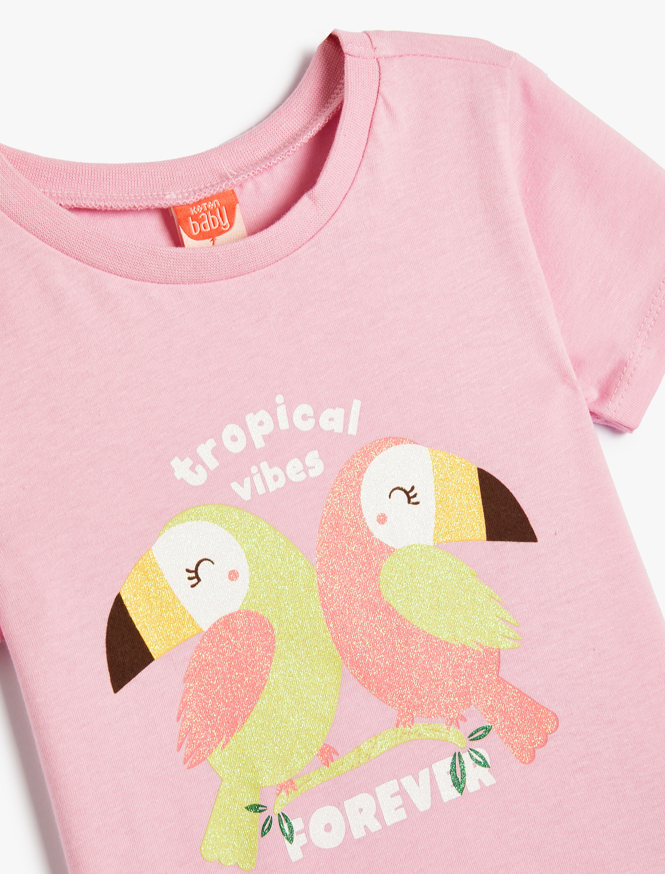  Kız Bebek Tişört Kısa Kollu Bisiklet Yaka Kuş Baskılı Pamuklu