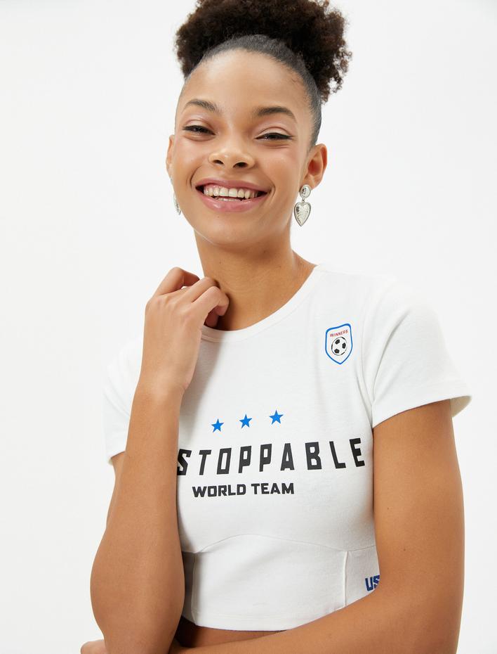  Korse Görünümlü Crop Tişört Kısa Kollu Bisiklet Yaka Pamuklu Baskılı