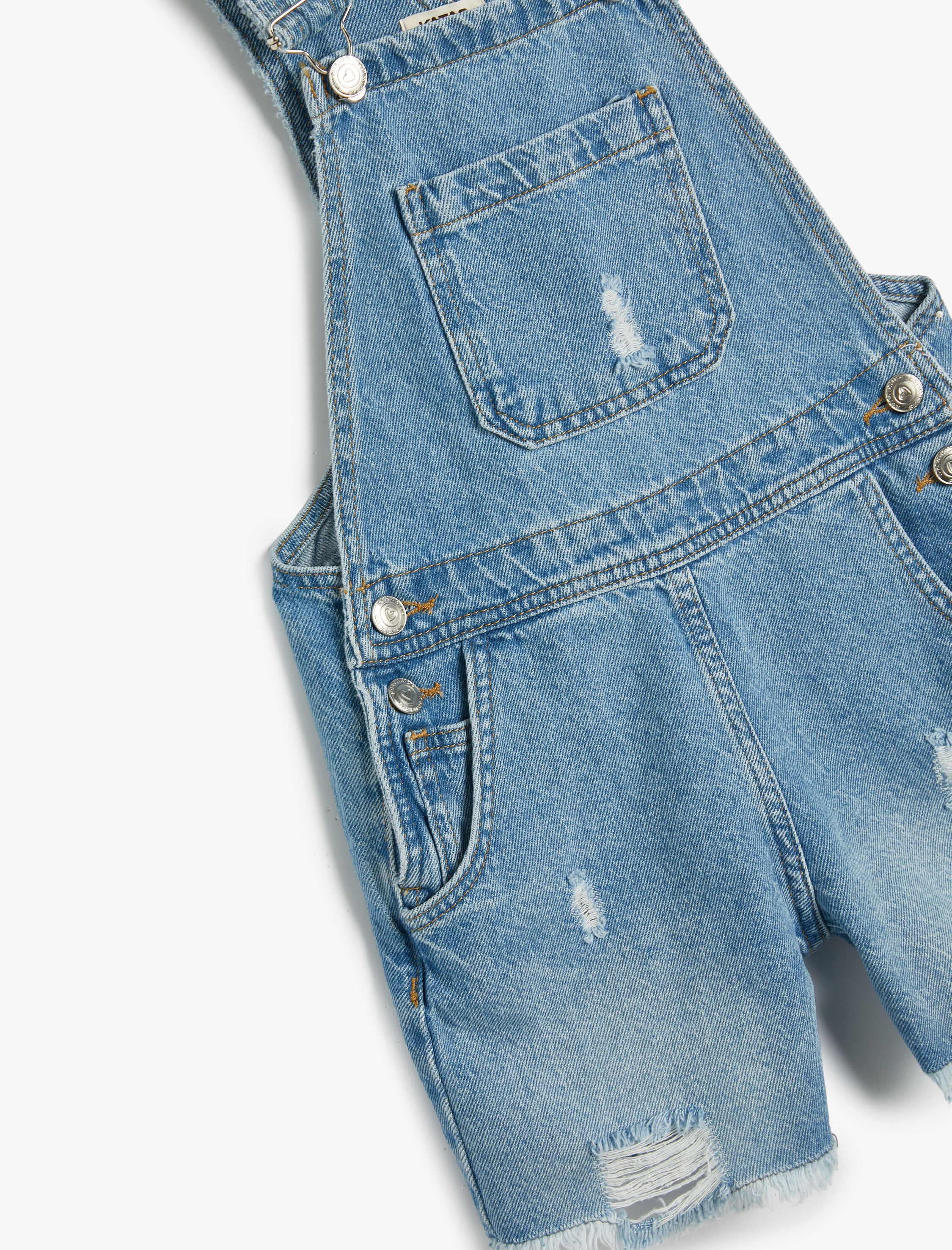  Kız Çocuk Salopet Kot Şort Cepli Yıpratılmış Detaylı Ayarlanabilir Askılı